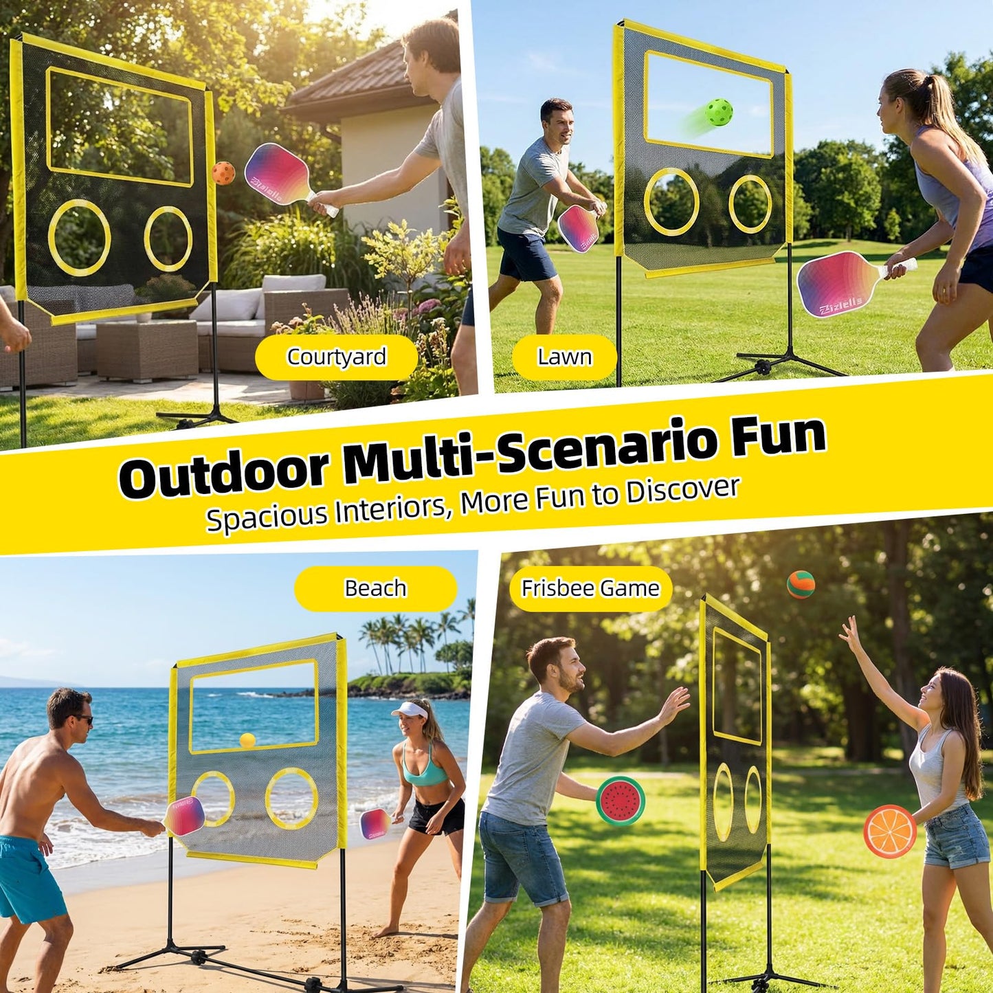Ziziella Indoor Paddle Game with Net, Portable Pickleball Set with Net for Family or Solo Fun, All in One Outdoor Sports - Badminton, Pingpong, Tennis for Lawn, Backyard, Camping, Beach