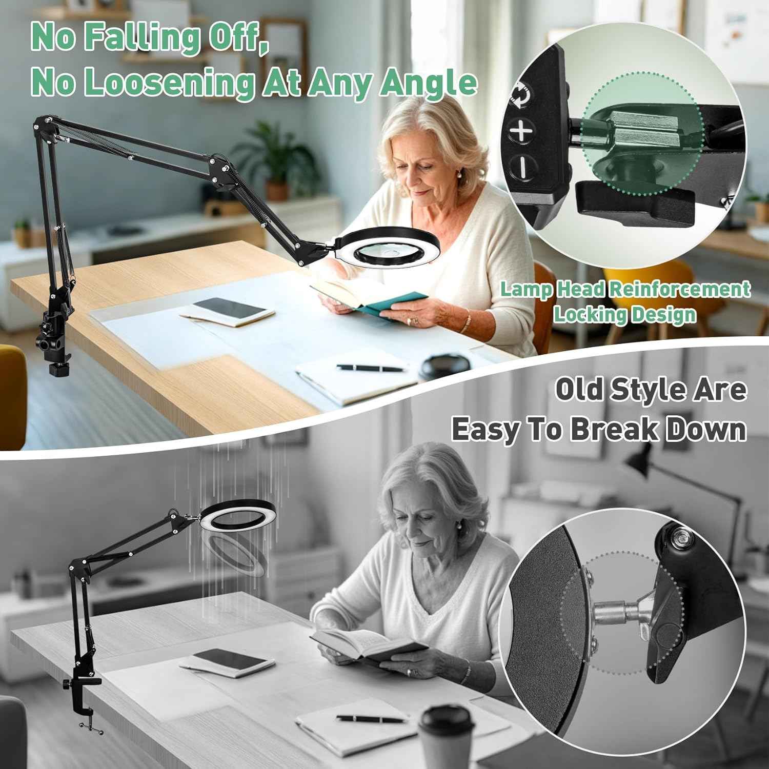 12X LED Magnifying Glass Desk Lamp with Swing Arm & Clamp - 5 Brightness Levels for Crafts & Reading