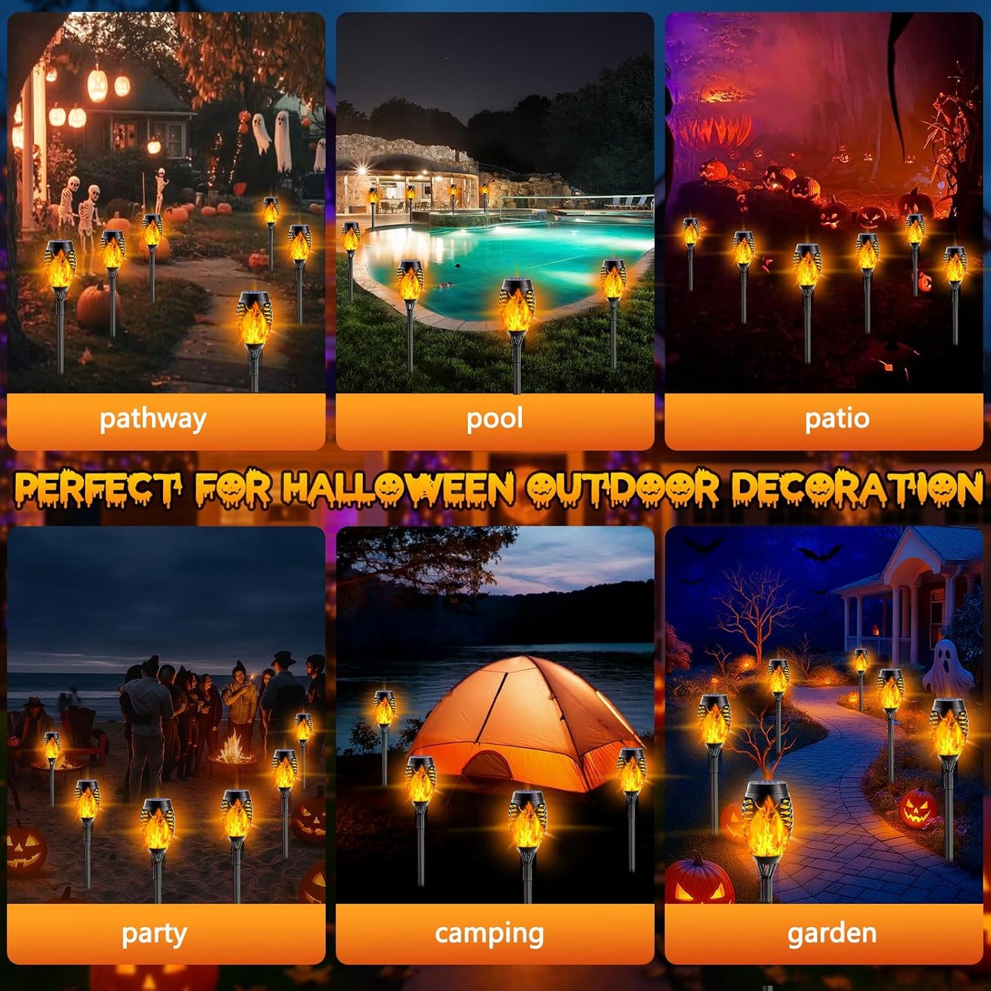 10 Pack Mini Solar Torch Lights - Flickering Flame Outdoor Decor for Halloween, Waterproof Solar Garden Pathway Lights