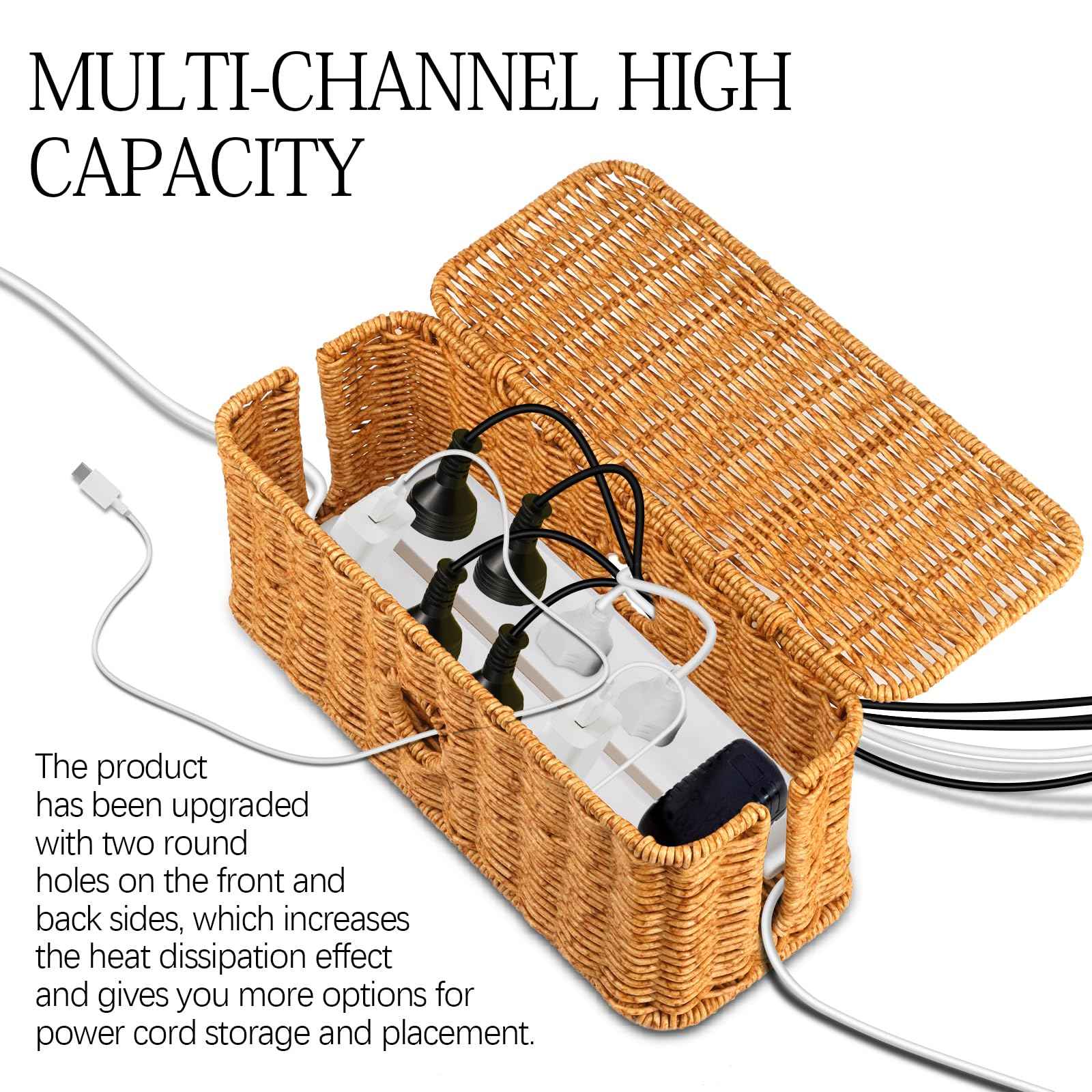 Rattan Cable Management Box Handwoven Cord Organizer Box, 4 Open Slots Cords Hider Box Under Desk Cable Management Suitable for TV Cables Computers Routers Power Cords to Hide and Organize