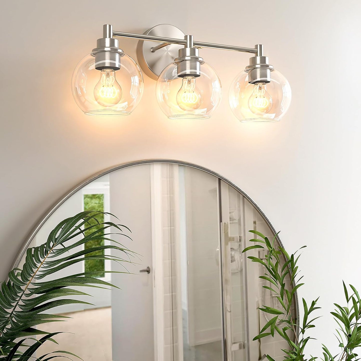 3-Light Vanity Bathroom Light Fixture with Globe Glass Shades - Brushed Nickel, ETL Certified