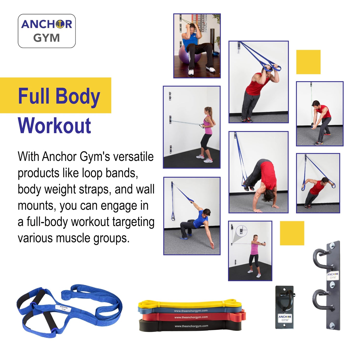 Anchor Gym Core Station - Wall Mount Workout Anchors for Resistance Band, Three Units with Two Hooks for Exercise Bands, Body Weight Straps, Strength Training - (Wood Mounting Screws Included)