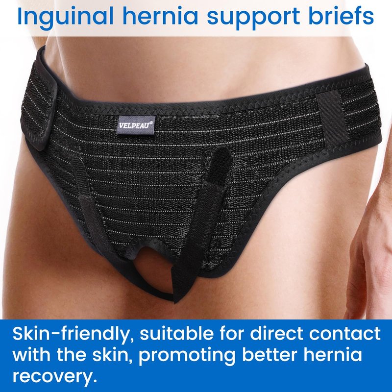 VELPEAU Hernia Belt for Men & Women - Bilateral/Double Inguinal, Groin Hernia Support Truss Underwear Briefs, Pain Relief Recovery Adjustable Strap with 2 Removable Medical Compression Pads (Black, M)