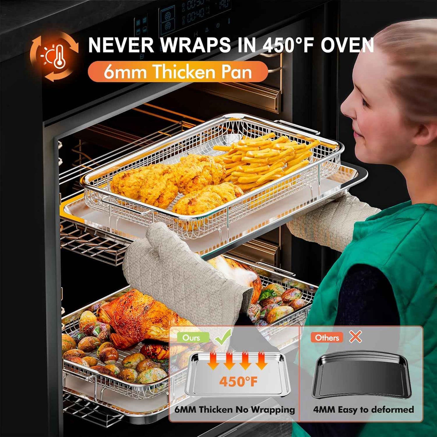 Air Fryer Basket Set with Parchment Papers - Non-Stick Stainless Steel Trays (2 Sizes)