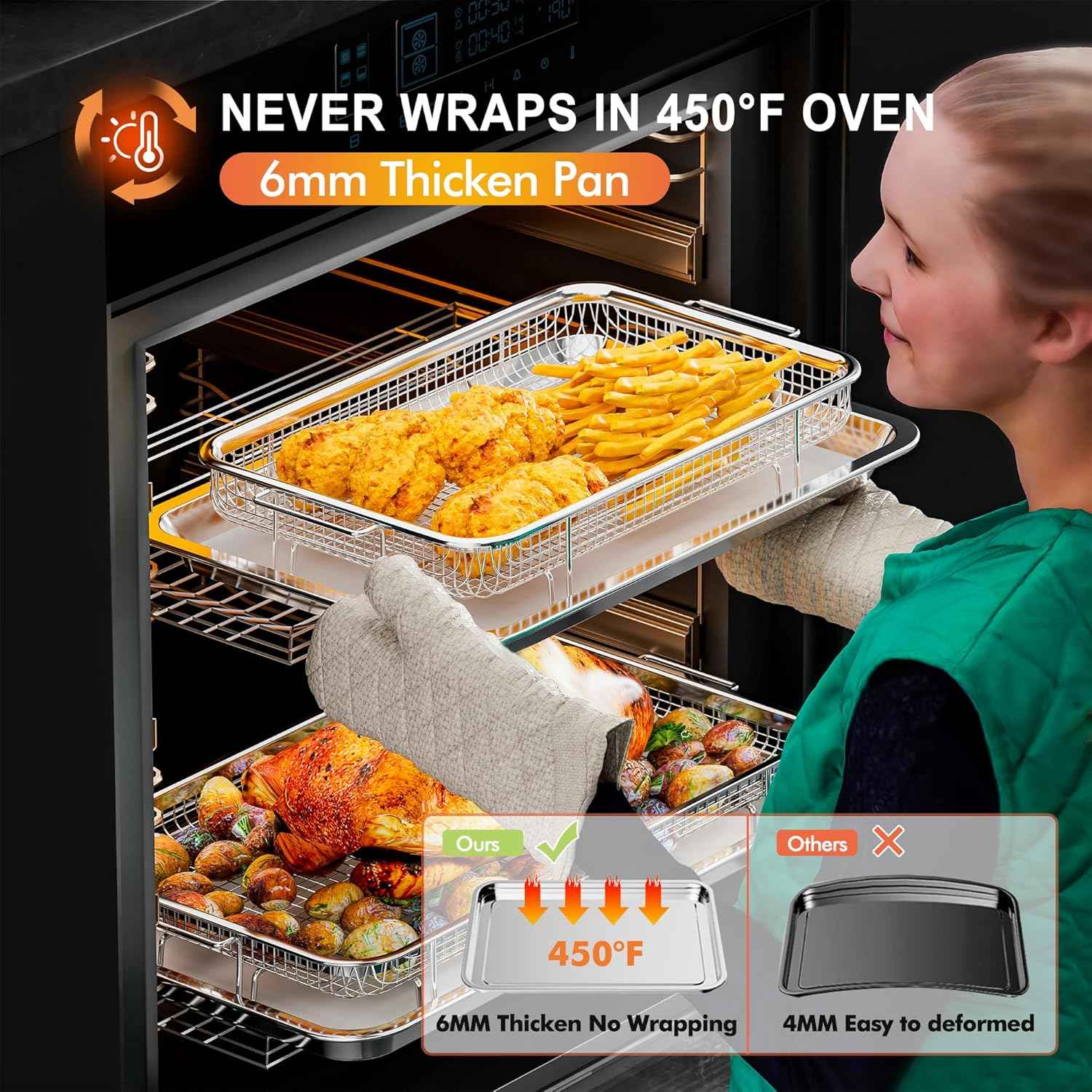 Air Fryer Basket Set with Parchment Papers - Non-Stick Stainless Steel Trays (2 Sizes)