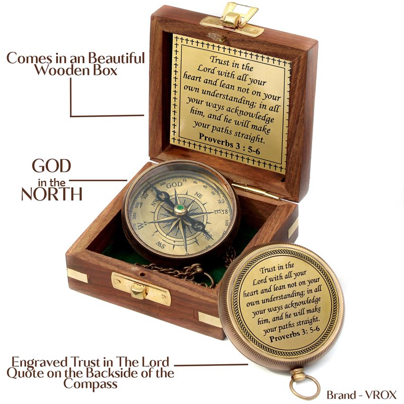 Trust in The Lord -Proverbs 3: 5-6 Quote Engraved Compass with Wooden Box, Baptism Gifts, Camping Compass, Catholic Inspirational Christian Religious Gifts for Men Women, 2025 Graduation Day Gifts