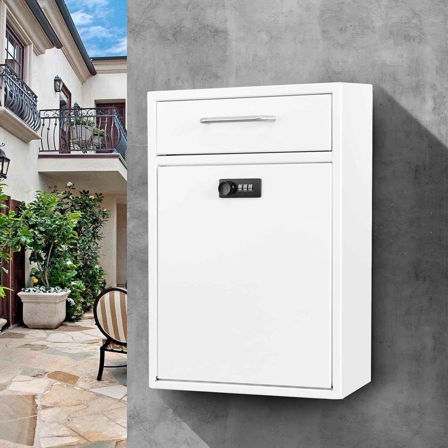 Secure Wall-Mount Mailbox with Lock | KYODOLED Large Steel Drop Box, Black, 16.2H x 11.22L x 4.72W