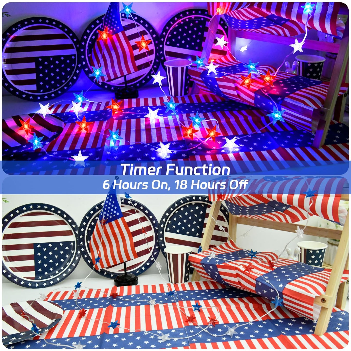 cshare 4th of July Lights Battery Operated, Red White and Blue Lights with Timer Outdoor Waterproof, 13ft 40LED Patriotic Star String Lights for Memorial Day Presidents Day Independence Day