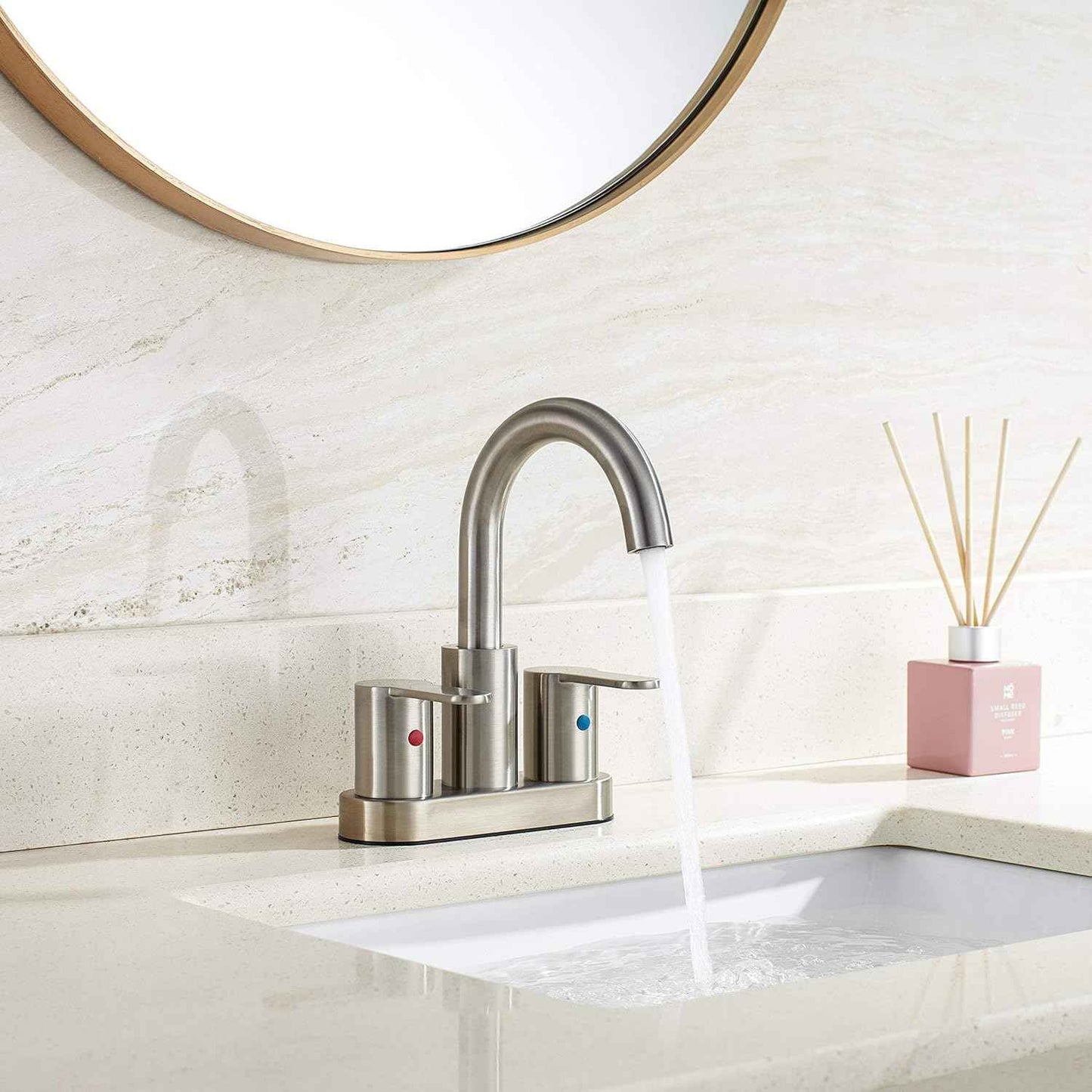 Brushed Gold Bathroom Sink Faucet - Modern 4-Inch Centerset with 360° Swivel Spout & Drain Assembly