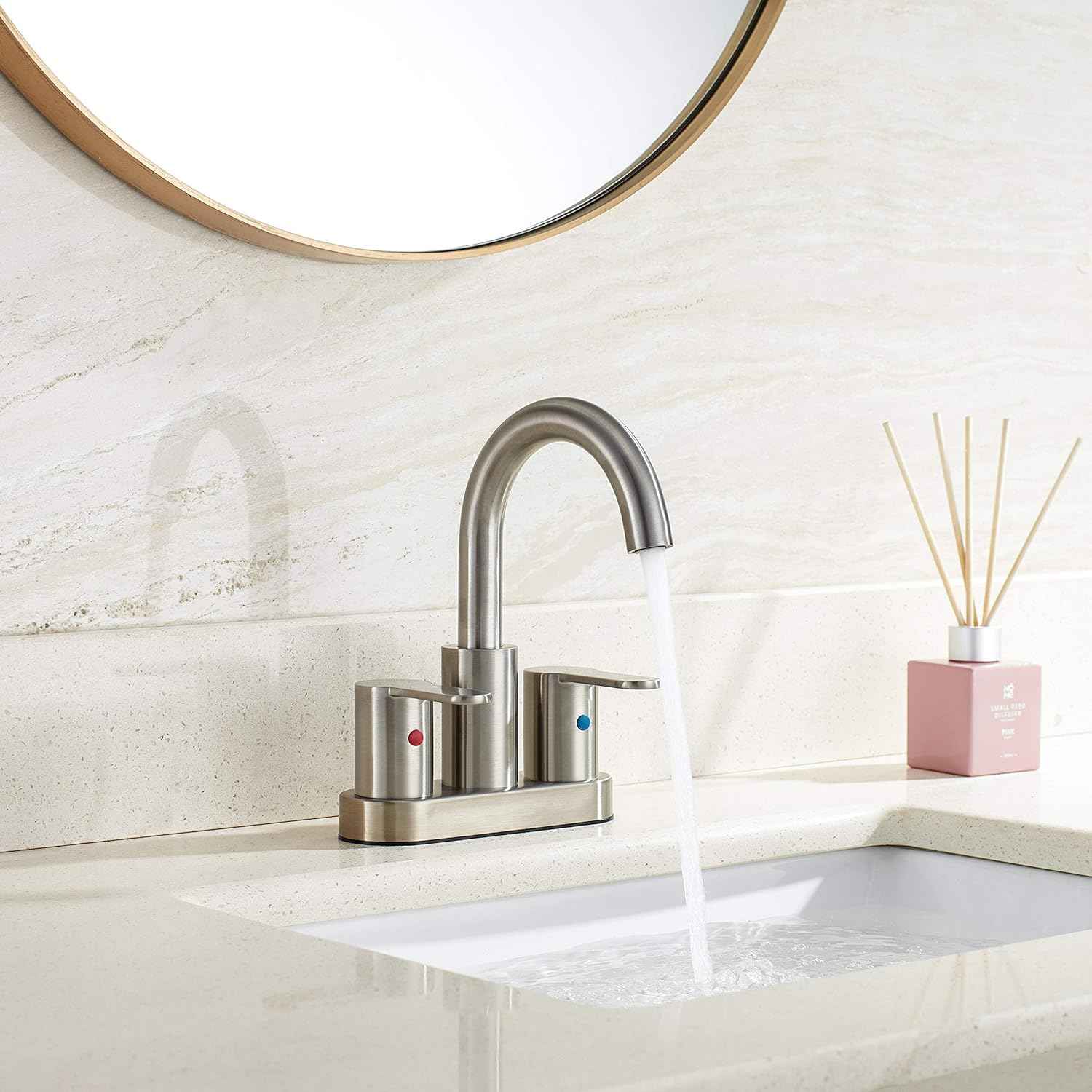 Brushed Gold Bathroom Sink Faucet - Modern 4-Inch Centerset with 360° Swivel Spout & Drain Assembly