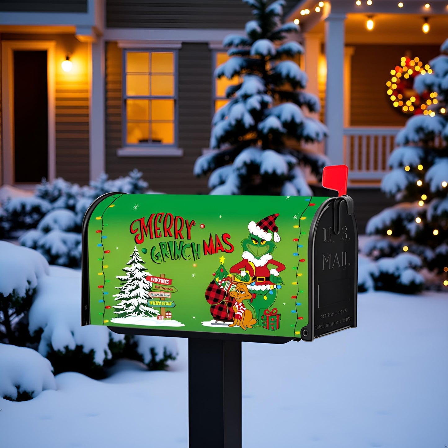 BWFY Christmas Mailbox Cover,Christmas Welcome Mailbox Cover Magnetic Standard 21" x 18", Green Xmas Max Dog Decorative Post Letter Box Decoration Wrap Winter Decor for Garden Yard