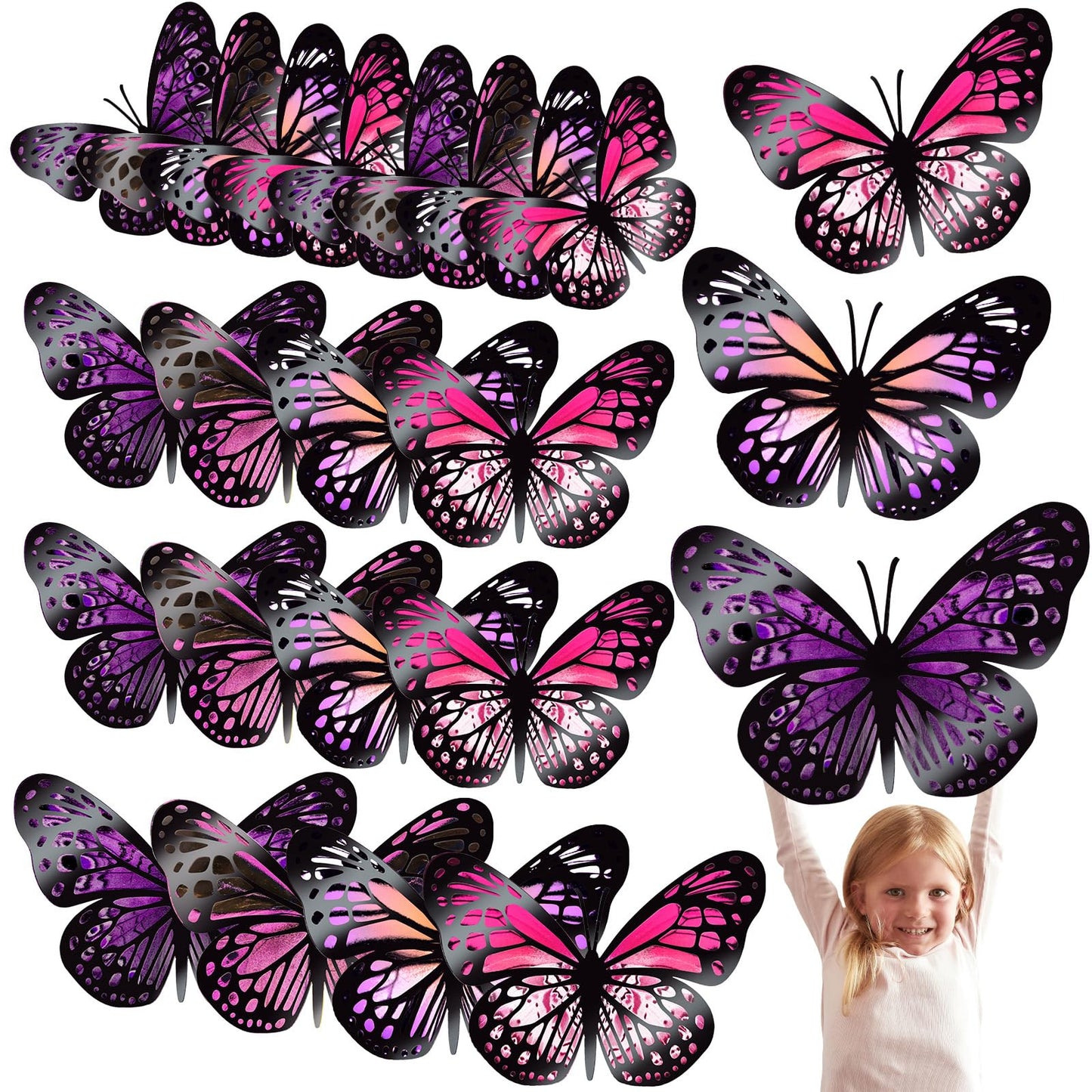 Geosar 20 Pcs 3D Large Monarch Butterfly Party Decoration 2 Layer Giant Paper Butterfly Stickers for Birthday Baby Shower Nursery Wall Decor (Purple,Rose Red)