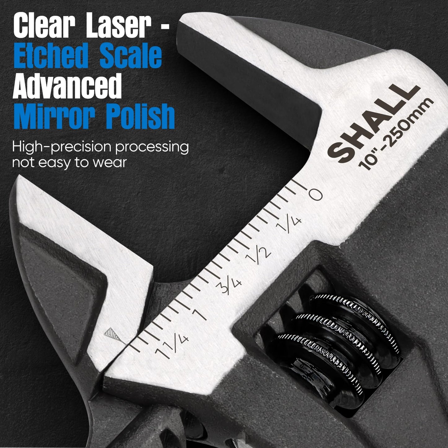 SHALL 10 Inch Adjustable Wrench, Cr-V Steel Spanner with Cushion Grip, Wide Jaw Black Oxide Wrench with Laser-etched SAE Scales for Home, Garage, Workshop and DIY