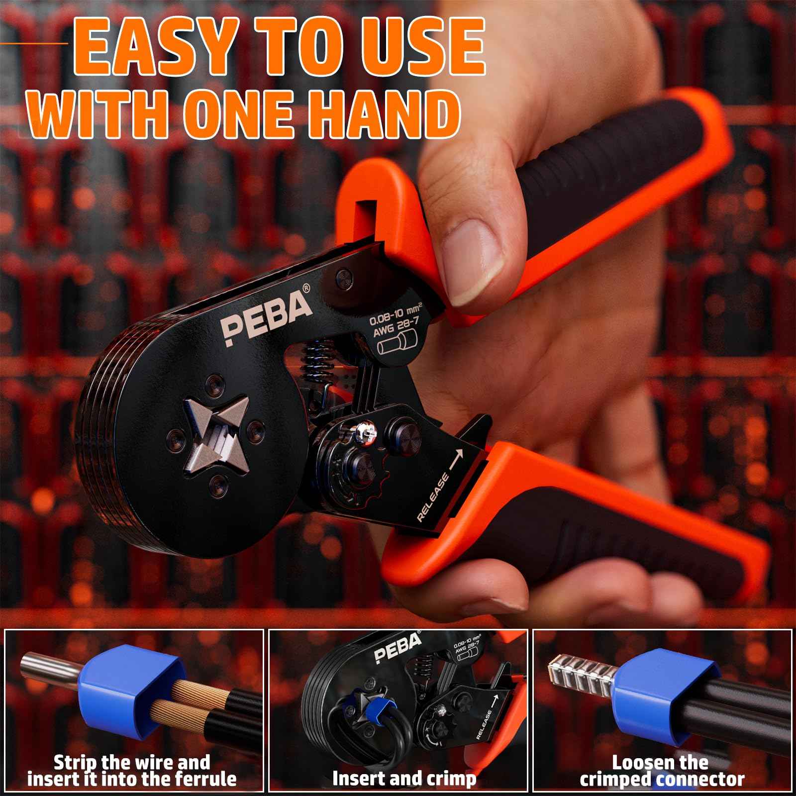 PEBA Ferrule Crimping Tool Kit, Square Pliers AWG28-7 & 21 Sizes Ferrules(AWG24-8) for Electrical Wiring/DIY Terminals | Self-Adjusting Ratchet Crimper - Copper Ferrule Kit