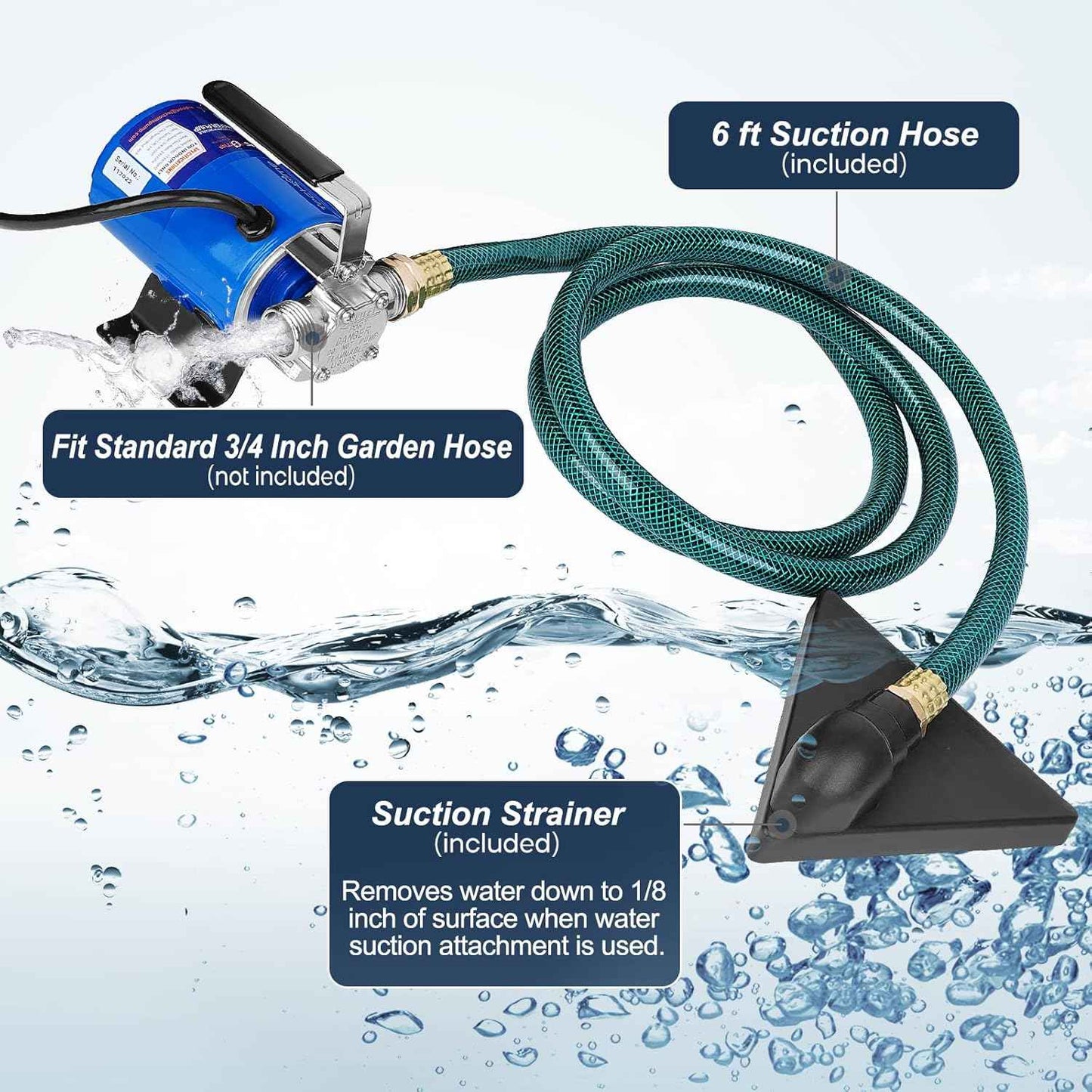 1500GPH Submersible Water Transfer Pump - 12V Sump Pump with 20ft Power Cord