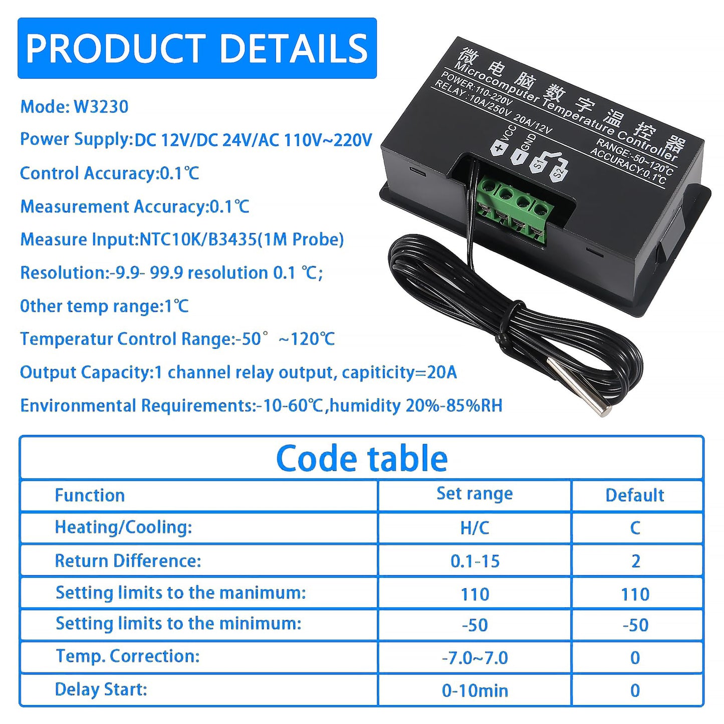 Coliao 2pcs Digital Temperature Controller W3230 Digital LED Thermostat Switch with Waterproof Probe AC110-220V Programmable Heating Cooling Electronic Thermostat Control -50℃ to 120℃