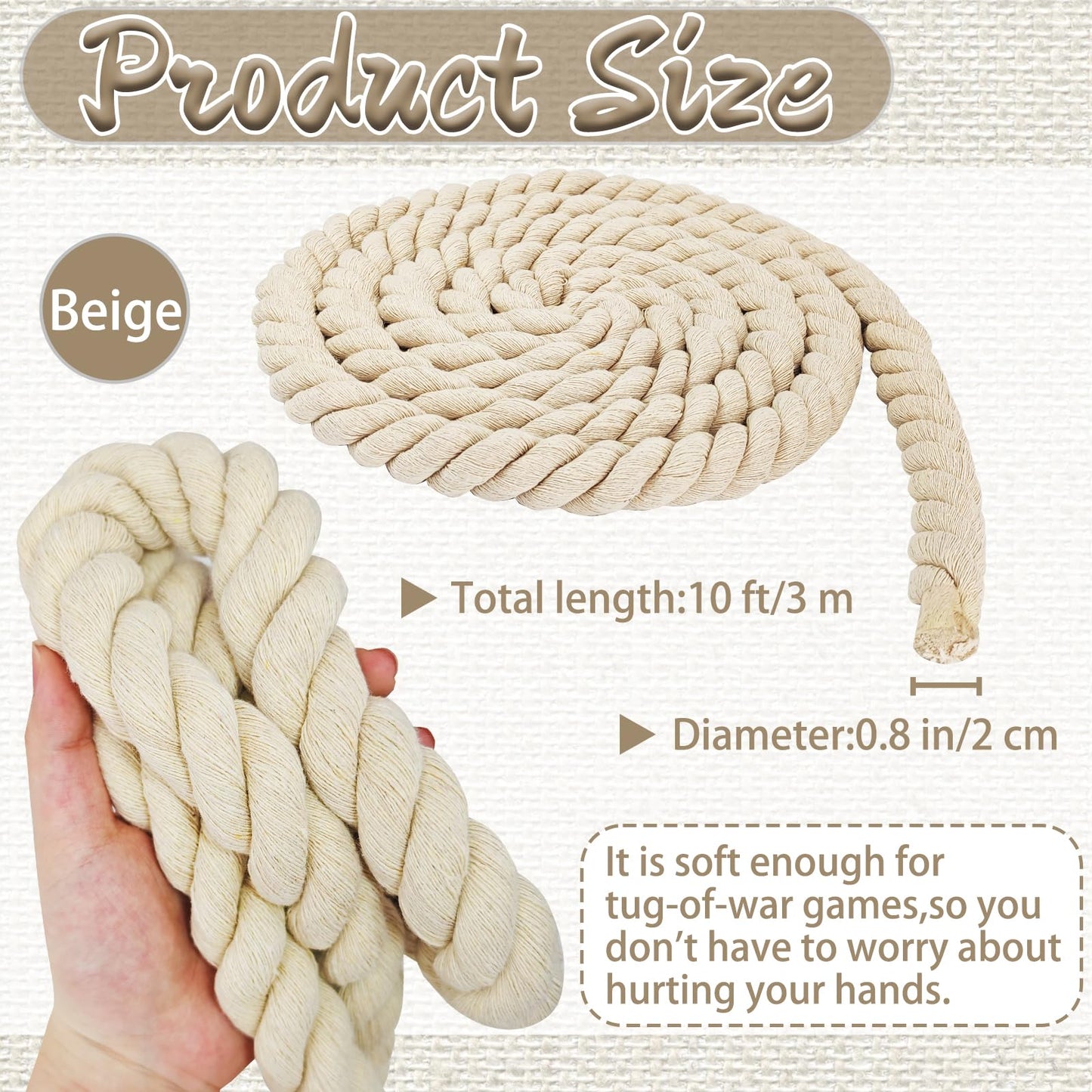 Natural White Cotton Rope 4/5 inch x 10 ft,Tug of War Rope,Twisted Cotton Ropes for DIY Crafts Decoration,Swing,Tug of War,Pet Toys