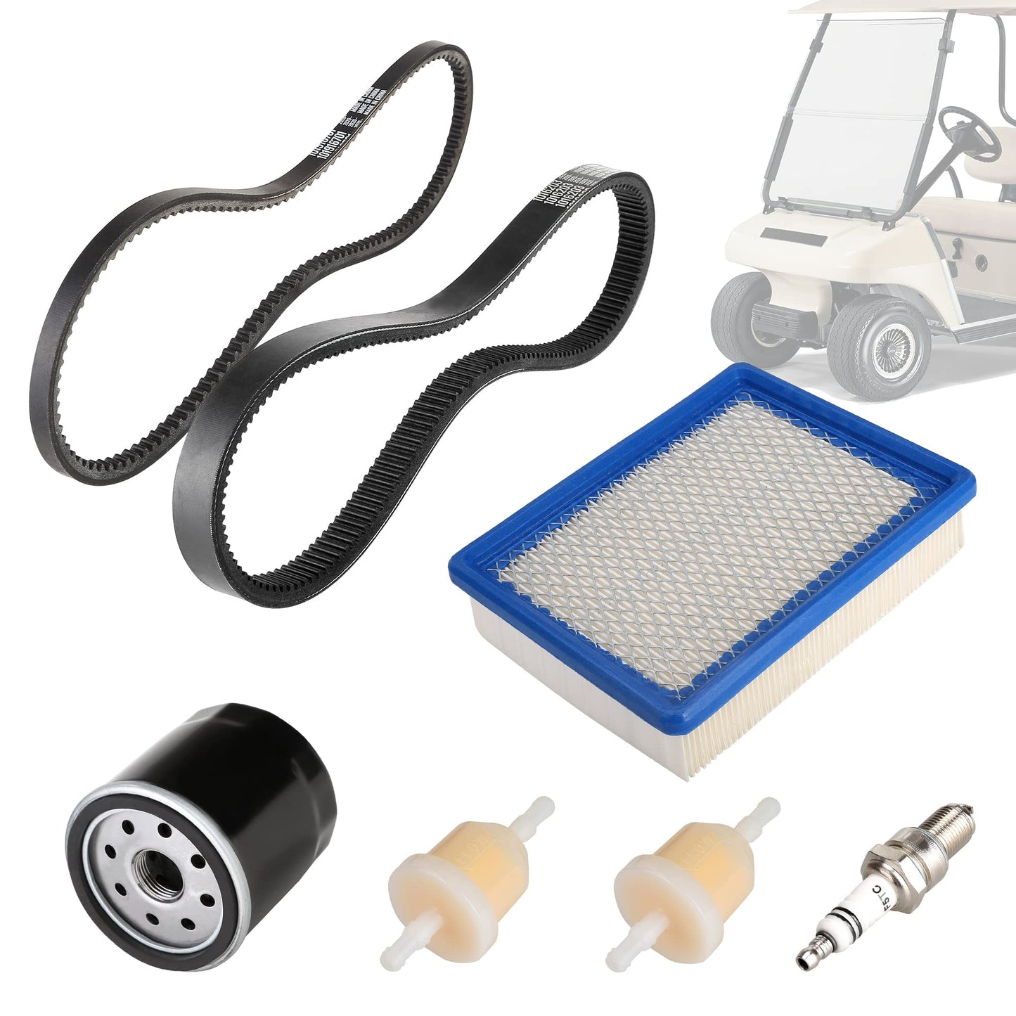 10L0L Golf Cart DS Tune Up Kit W/Clutch Drive Belt &Generator Belt fit 1992-2004 Club Car DS Gas Models with FE290,FE350 Kawasaki Motor, Incl. Air & Oil Fuel Filters Spark Plug,OEM 1025582, 101916701
