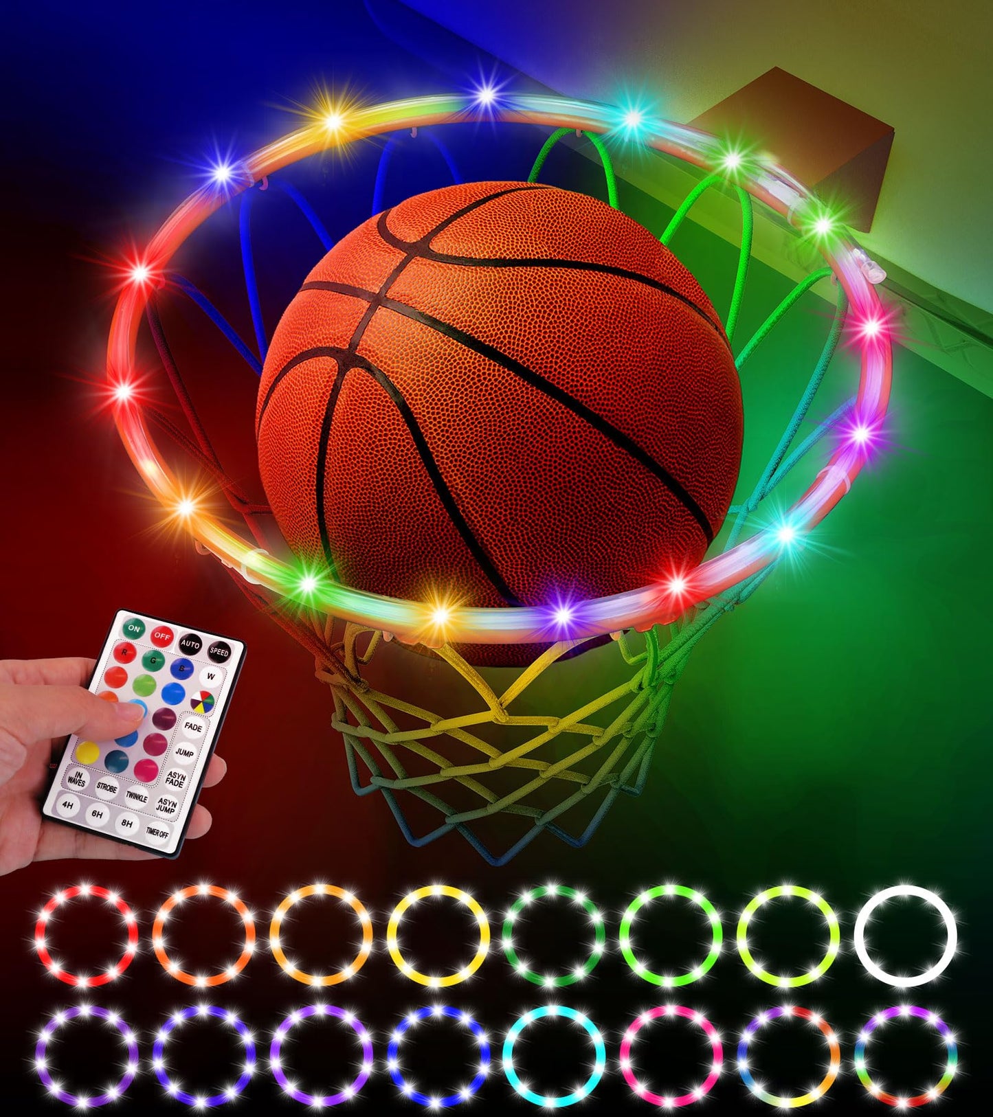 LED Basketball Hoop Light, Waterproof Super Bright Basketball Rim Lights,Remote Control 16 Colors and 7 Lighting Flicker Change, for Night Outdoor Basketball Games and Gifts for Boys