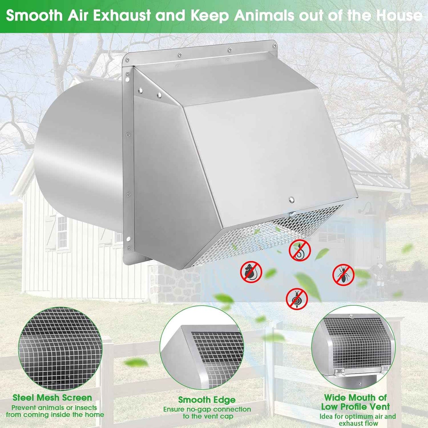 5-Inch Exterior Dryer Vent Cover with Screen & Damper - Galvanized Steel, Black