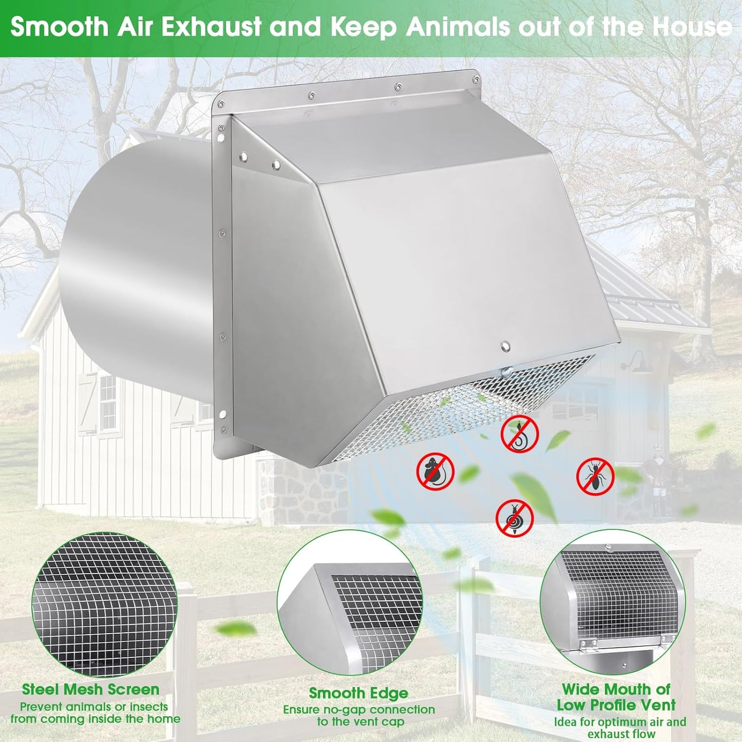 5-Inch Exterior Dryer Vent Cover with Screen & Damper - Galvanized Steel, Black