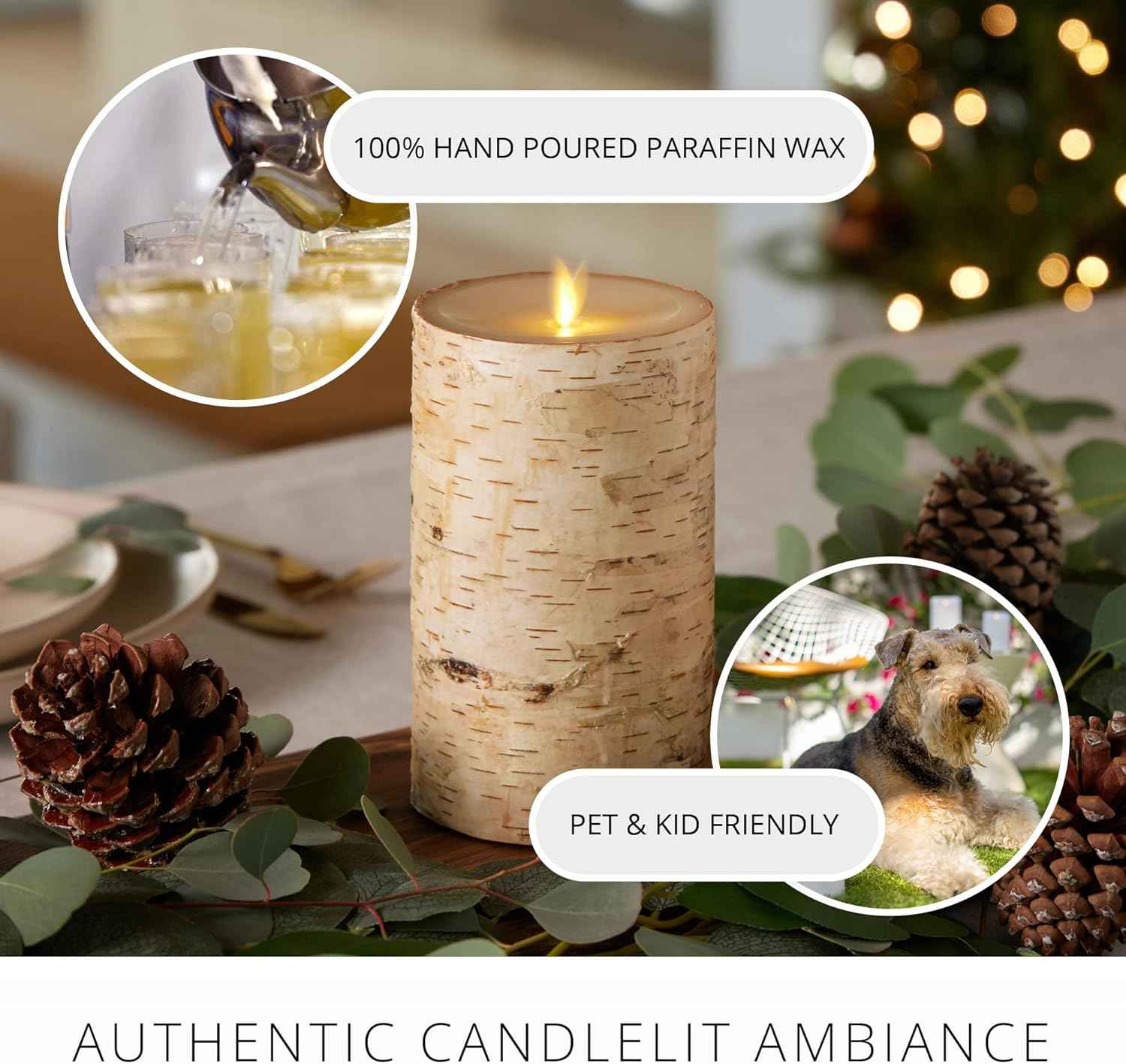 Realistic Moving Flame LED Pillar Candle with Birch Bark - Battery Operated, Remote Ready, 4x7