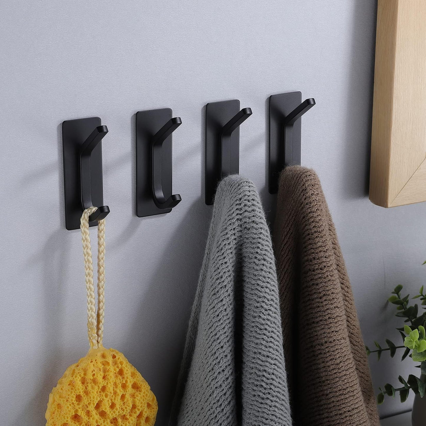 Taozun 4-Pack Black Stainless Steel Adhesive Hooks - Upgraded Strong Self-Adhesive Towel Hangers for Bathroom, Kitchen, and Bedroom