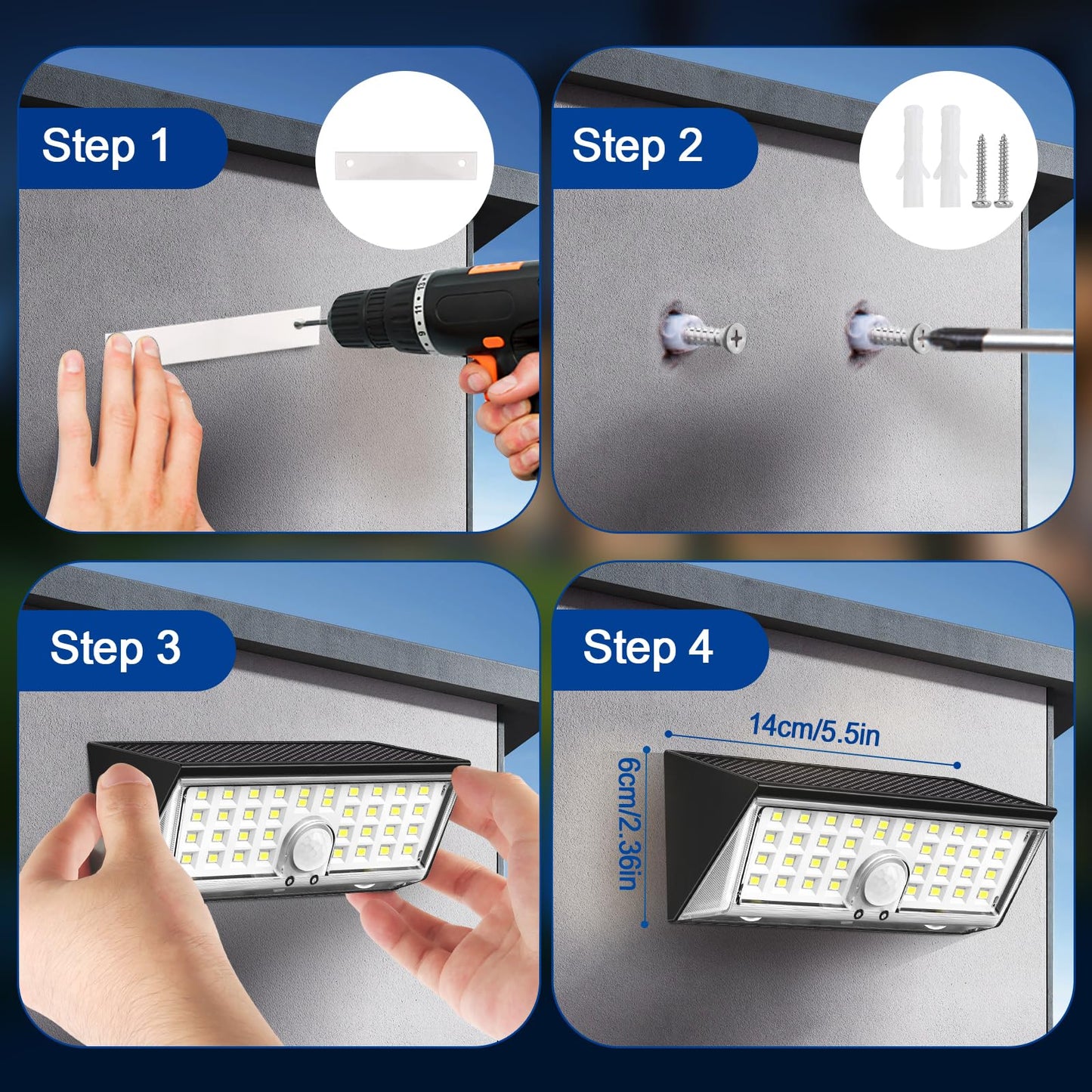 4-in-1 Solar Motion Lights Outdoor - 150° Wide Angle, 4 Modes, White & Warm Light, IP67 Waterproof, Fence, Wall, Step & Deck Light for Yard, Garden, Pathway