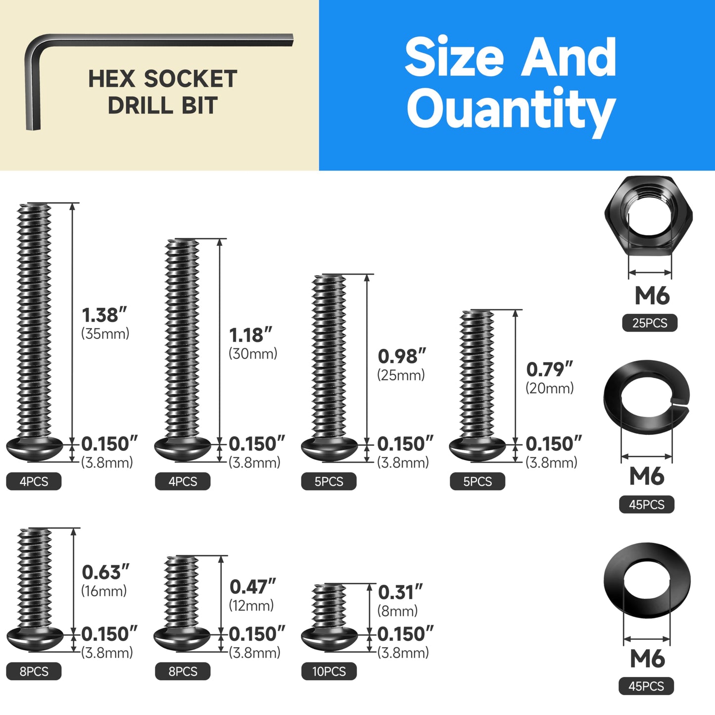 159 Pieces M6 Screw, Button Head Socket Cap Metric Screws Assortment Kit, Grade 10.9 Carbon Steel M6 Bolts and Washers/Nuts/Hex Wrenches, Black Oxided by Marysino