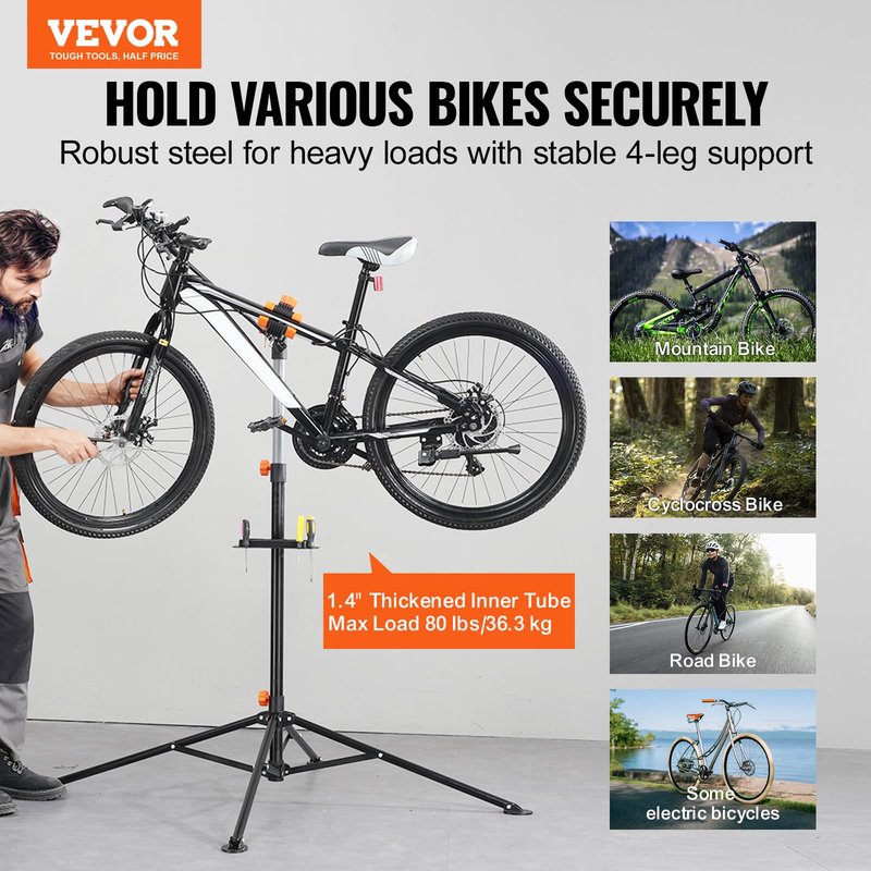 VEVOR Bike Repair Stand, 4-Leg Steel Bicycle Repair Stand, 42.5"-74.8" Adjustable Height Bike Maintenance Work Stand with Magnetic Tool Tray, Foldable Bike Service Stand for Home, Shop (Max 80 Pounds)