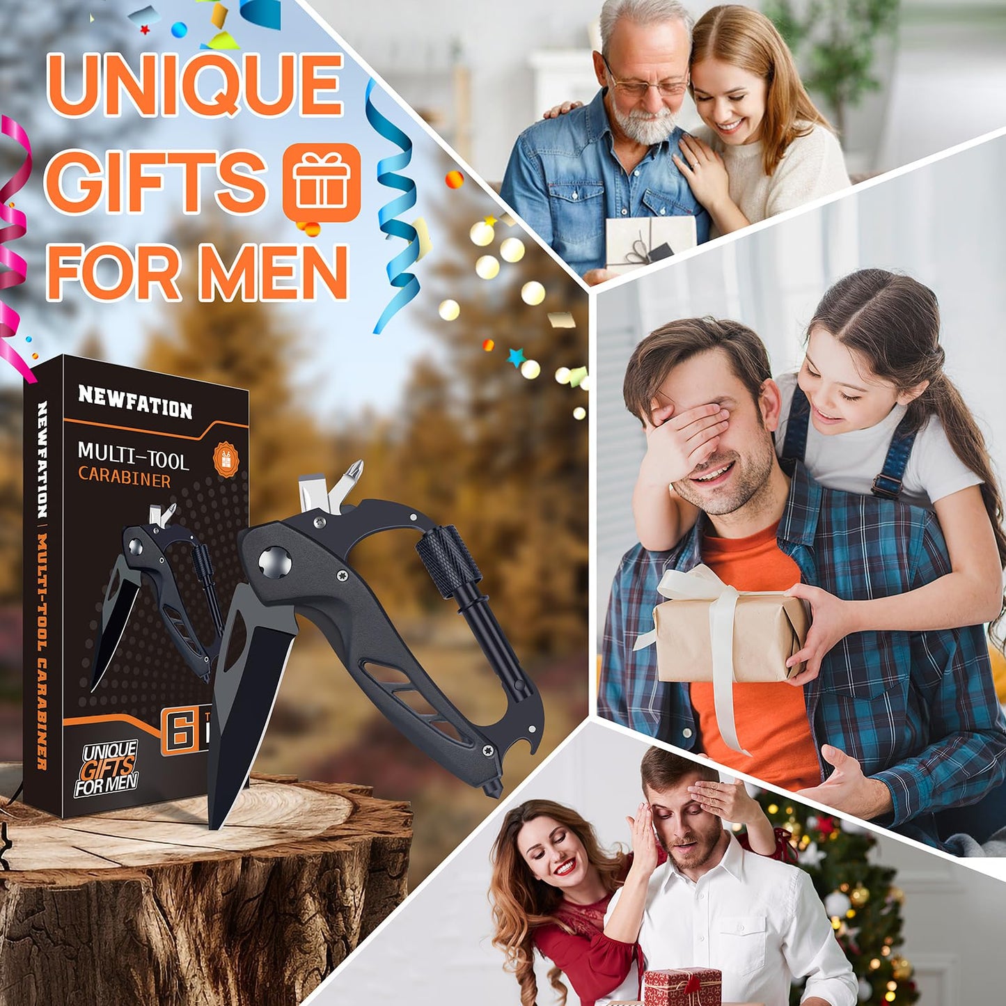 Multitool Carabiner with Pocket Knife, Gift for Men Him Dad Husband, 6-in-1 Multitool with EDC Carabiner Keychain,Bottle Opener,Window Breaker & Screwdriver,Cool Gadgets for Outdoor,Repair (Black)