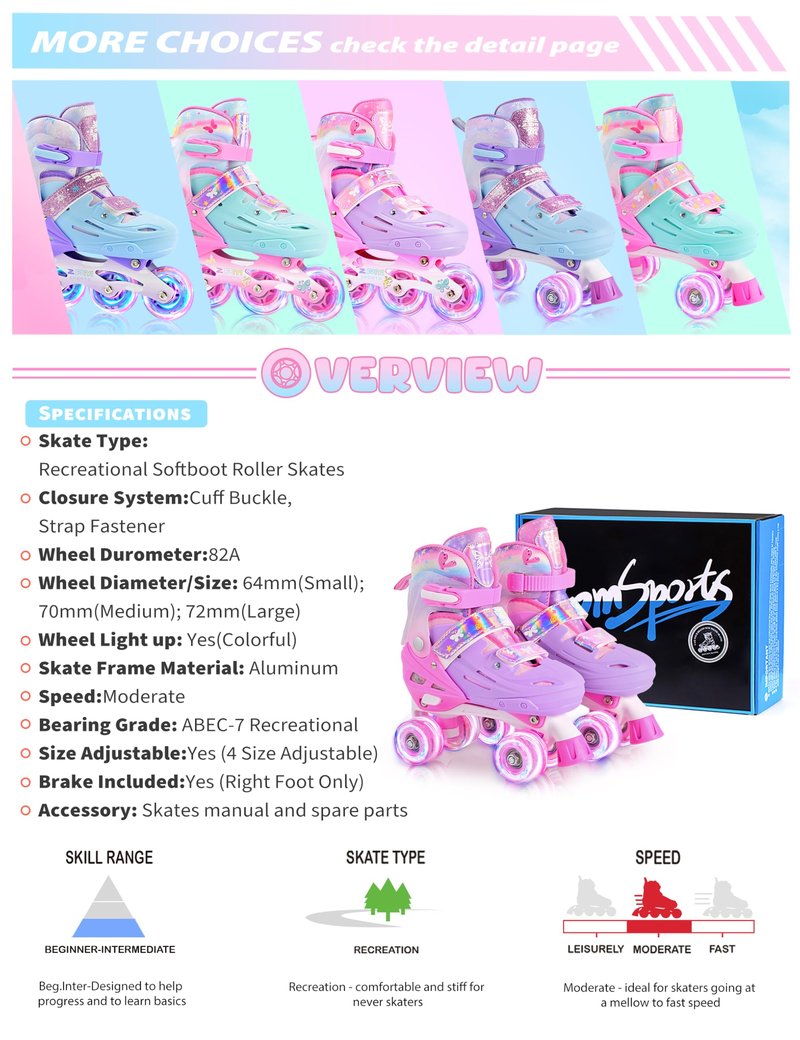 2PM SPORTS Roller Skates Girls Ages 5-8 8-12 3-5 4-7 6-12 10-12 with Light Up Wheels, Outdoor Indoor Girls Rollerskates for Kids Beginner Size 10C 11C 12C 13C 1 2 3 4 5 6 Pink Butterfly