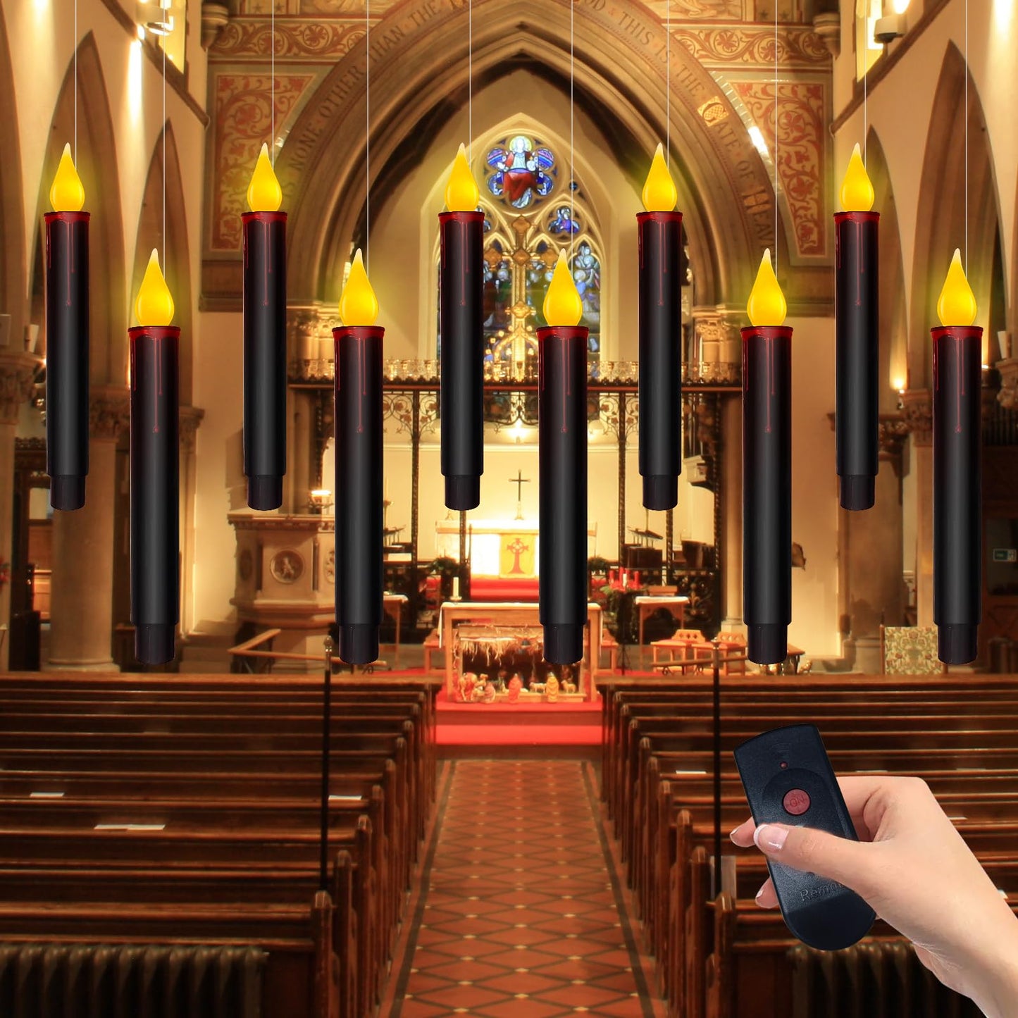 Halloween Decorations Candles Lights, 10 Pcs Christmas Black Floating Candles with Remote, Hanging Flickering Warm Flameless Candles LED Battery Operated Candles for Indoor Halloween Christmas Party