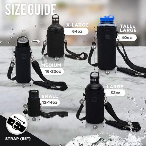 Made Easy Kit Neoprene Water Bottle Carrier Holder with Adjustable Shoulder Strap for Insulating & Carrying Water Container Canteen Flask Available in 5 Sizes (Black, XL (64oz))