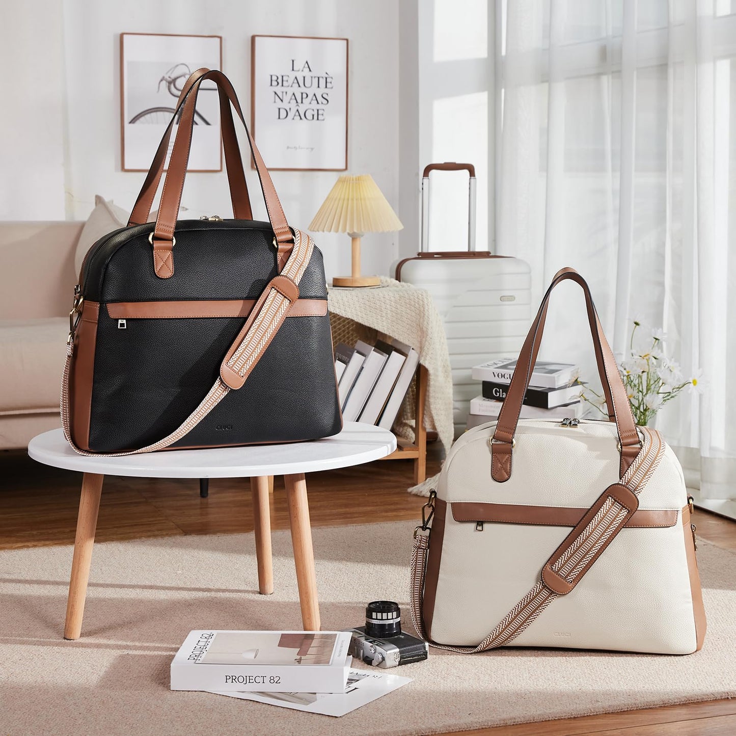 CLUCI Weekender Bag for Women Leather Large Overnight Travel Duffel Bag with Shoe Compartment Beige with Brown