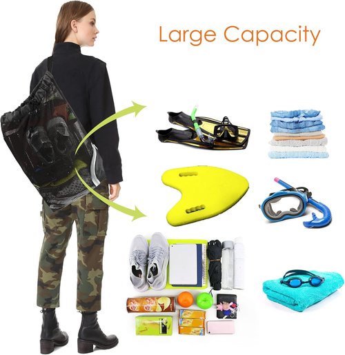 BeeGreen Mesh Drawstring Bag - Versatile Swim Backpack for Beach, Pool & Gym | Black Cinch Bag