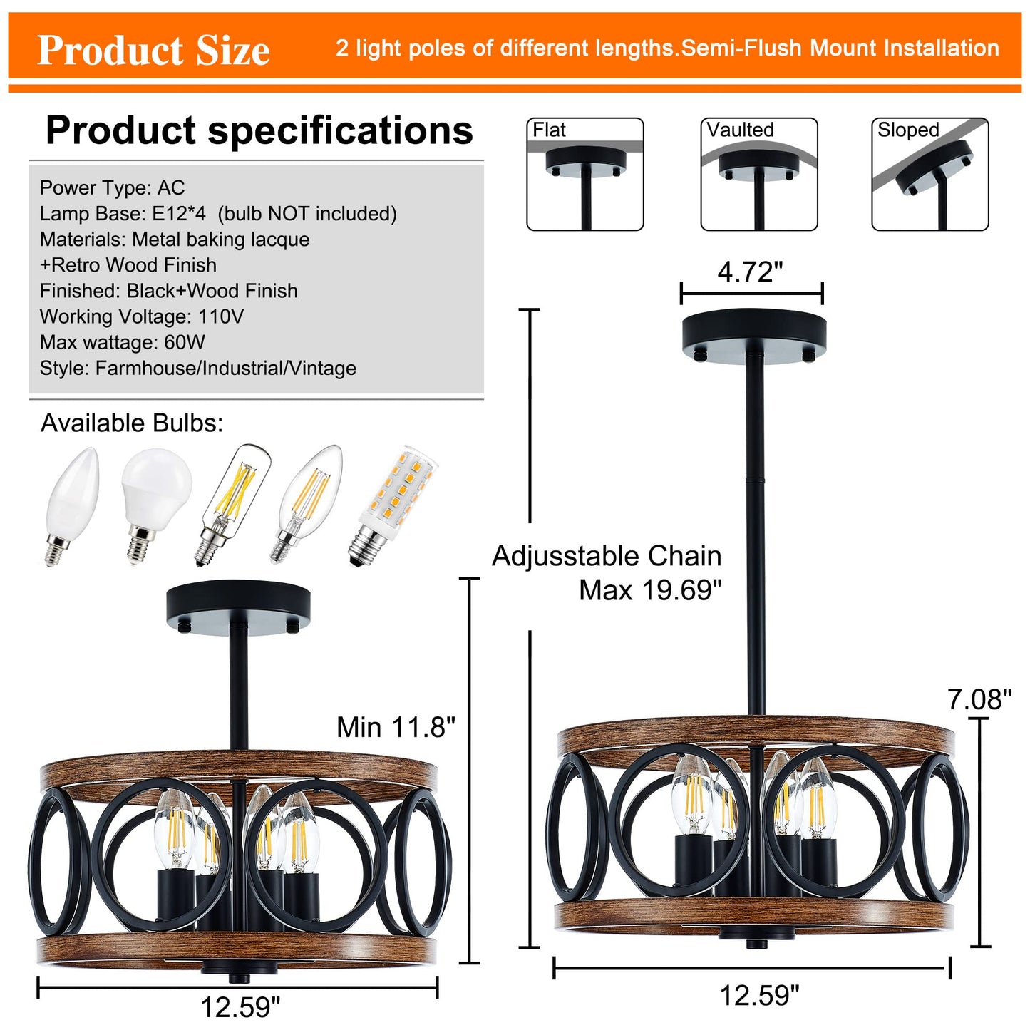 Faibra 4-Light Farmhouse Drum Pendant Light,12.6'' Nature Wood Texture Vintage Rustic Chandeliers Black Metal Industrial Hanging Light Fixtures for Entryway, Bedroom Dining Room