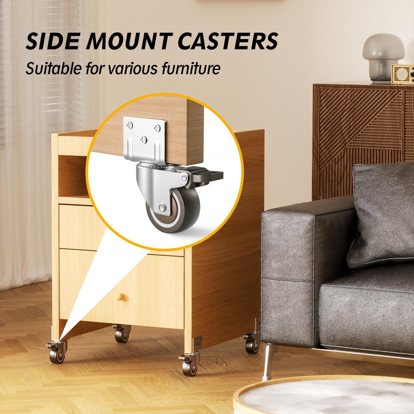 ANDUTEES Side Mount Casters, 1.5 Inch Furniture Wheels, L-Shaped Rubber Casters Set of 4, 360-Degree Locking Swivel Top Plate Small Castor Wheels for Furniture, Baby Bed, Kitchen, Cabinet, Table.