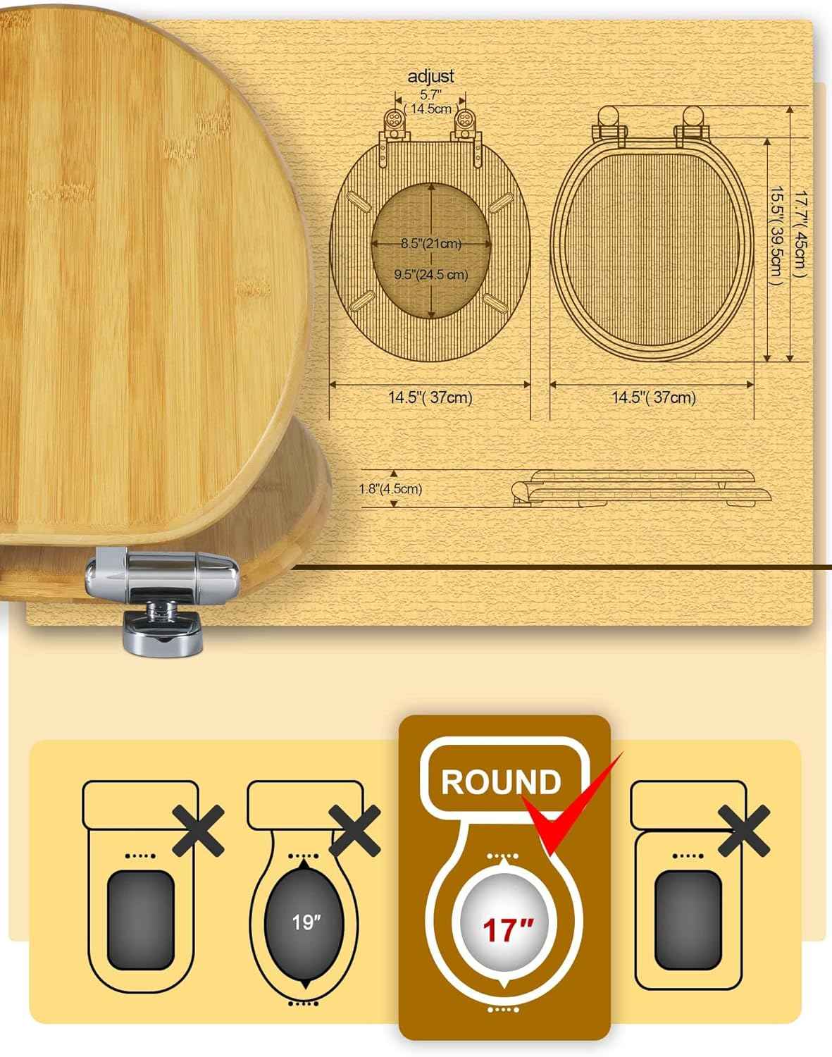 17-Inch Round Bamboo Toilet Seat with Quick Release & Slow Close - Zinc Alloy Hinges