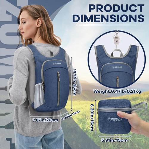 ZOMAKE 10L Ultra Lightweight Packable Backpack, Small Daypack Light Foldable Backpacks Water Resistant Day Bag for Hiking(Navy Blue)