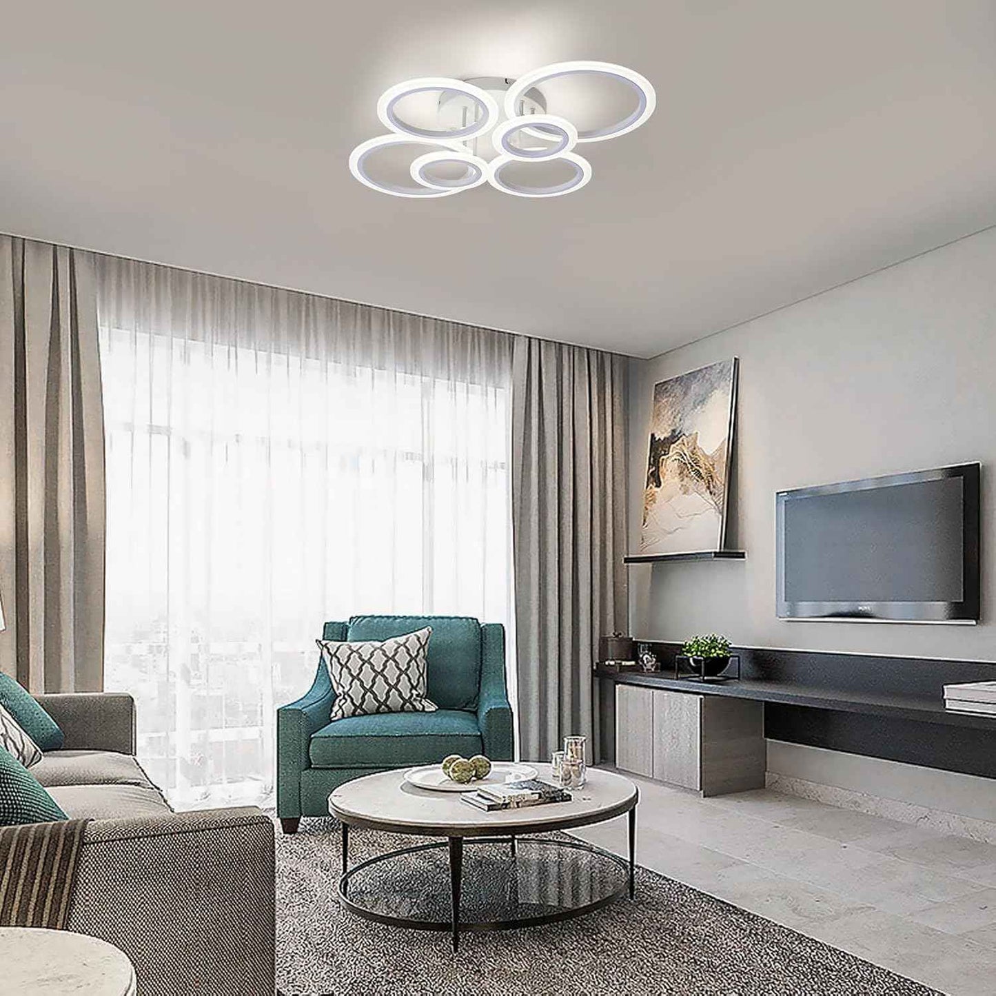 Modern LED Flush Mount Ceiling Light - 4 Rings 4000K Fixture for Kitchen & Living Room