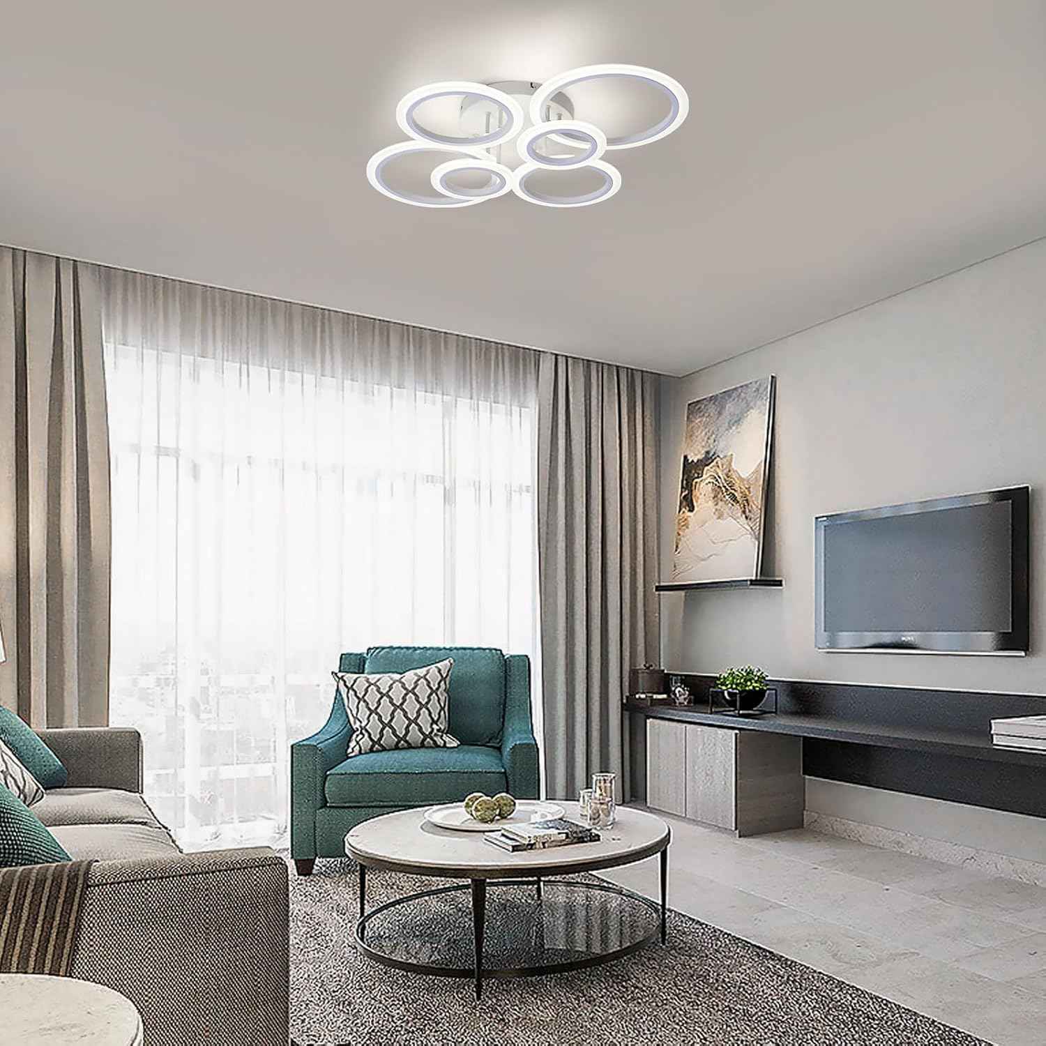 Modern LED Flush Mount Ceiling Light - 4 Rings 4000K Fixture for Kitchen & Living Room