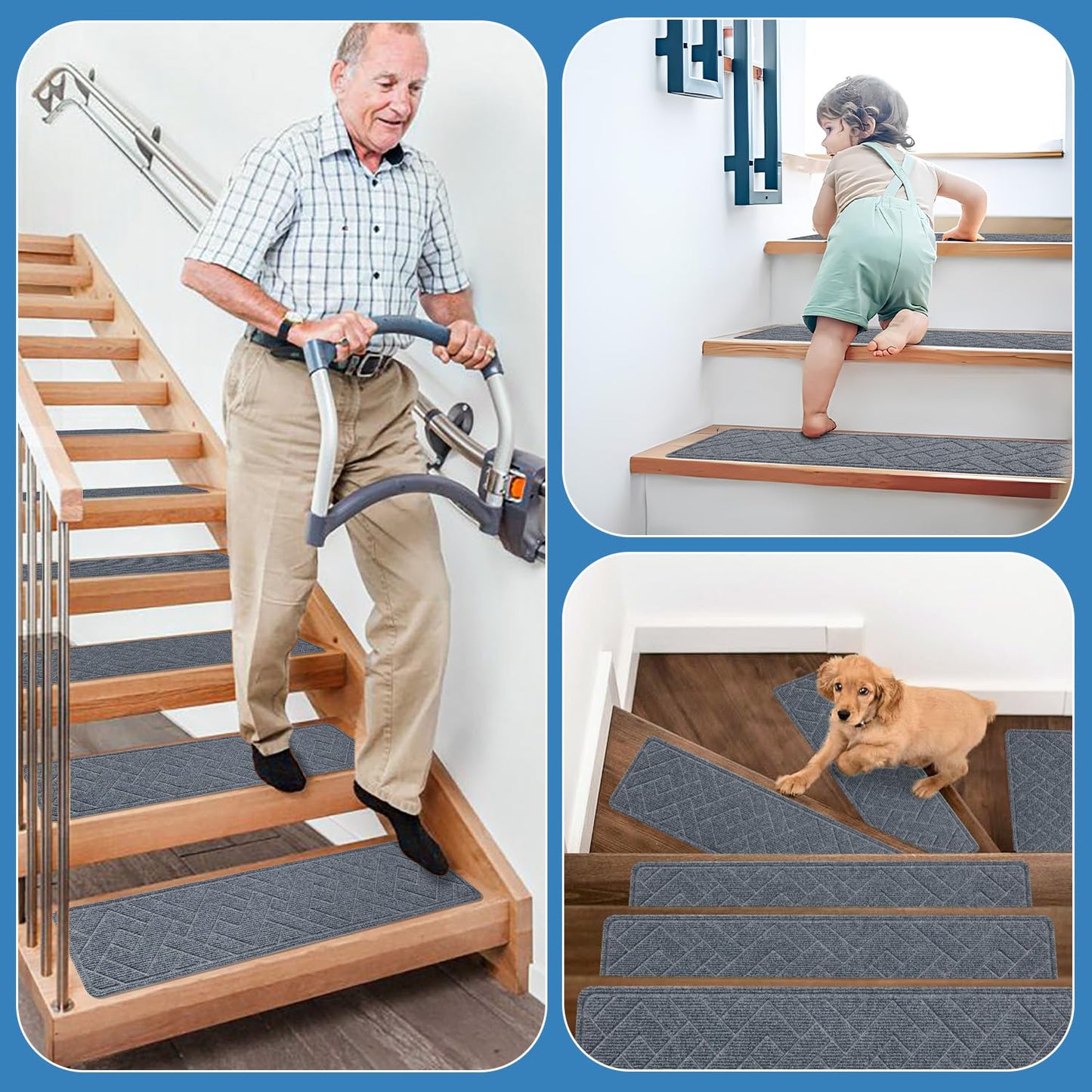 Non-Slip Stair Treads for Wood Steps - 15 Pack 8" x 30" Carpet Treads with Reusable Adhesive for Kids, Elders & Pets