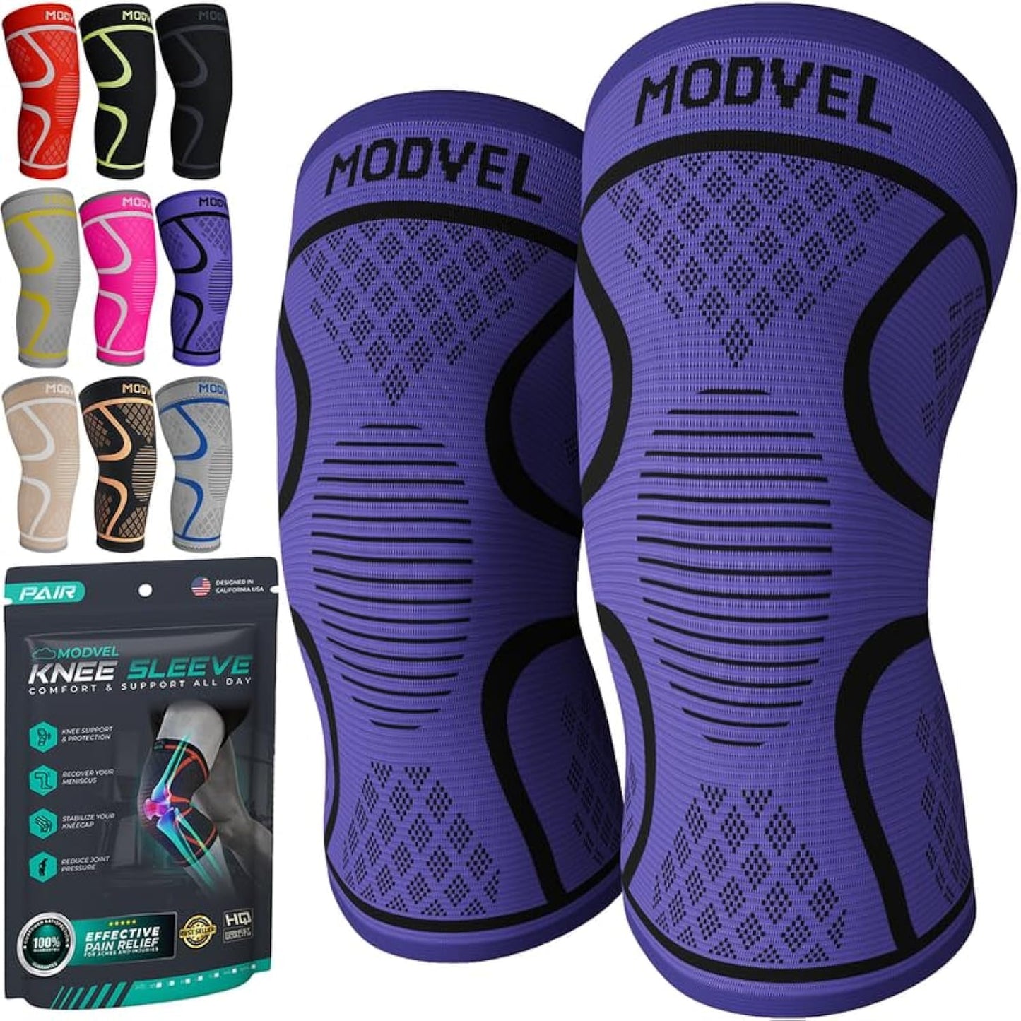Modvel Compression Knee Brace for Women & Men - 2 Pack Knee Brace for Women Running Knee Pain, Knee Support Sleeve, Workout Sports Braces for Meniscus Tear ACL & Arthritis Pain Relief Purple XXX-Large