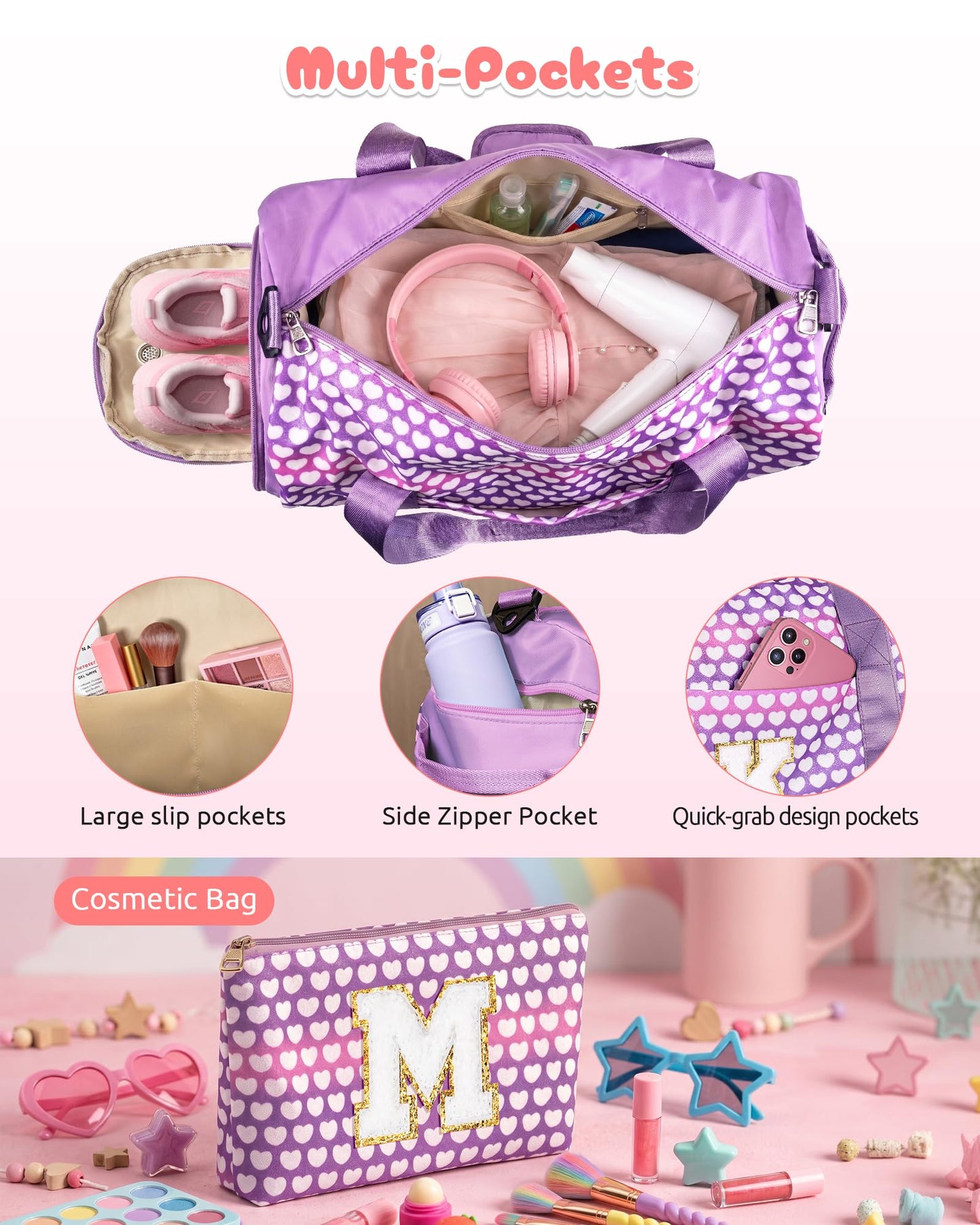 Vogewood Birthday Gift for 3 4 5 6 7 8 9 10 Year Old Girls, Girl Travel Duffle Bag with Makeup Pouch, Initial Kids Overnight Bag with Shoe Compartment, Dance Recital Gifts for Girls (Letter A)