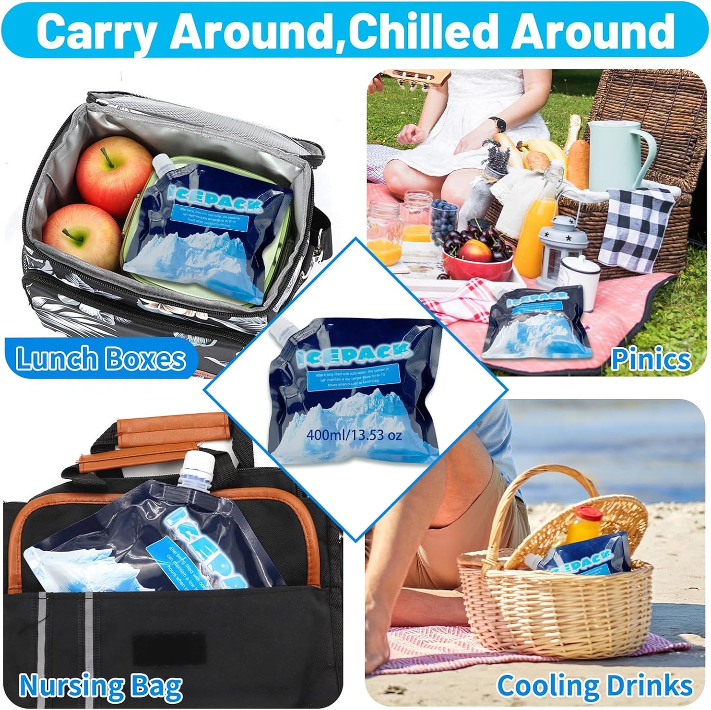 Reusable Ice Packs for Coolers - 5 Pack Freezable Gel Packs for Lunch Box, Camping & Medical Use - Leakproof & Long-Lasting