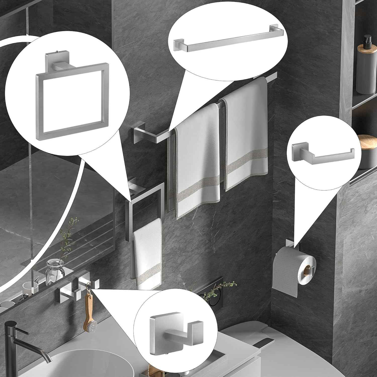 Brushed Nickel Bathroom Hardware Set - 10-Piece Towel Bar, Ring, Hook & Holder Kit