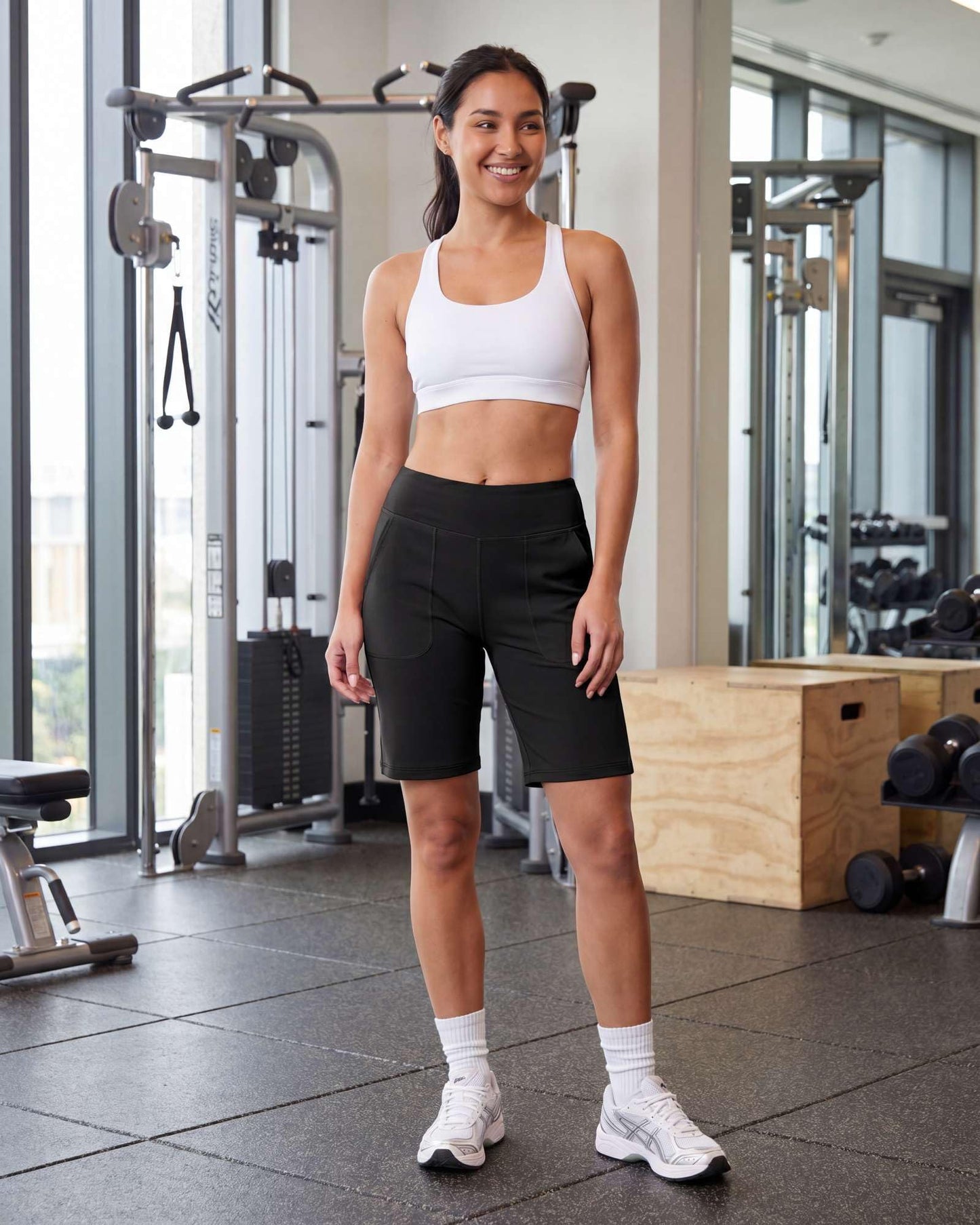 Real Essentials 4 Pack: Women's 9" Bermuda Long High Waisted Shorts with Pockets Casual Workout Athletic (Available in Plus) - Set 7, S