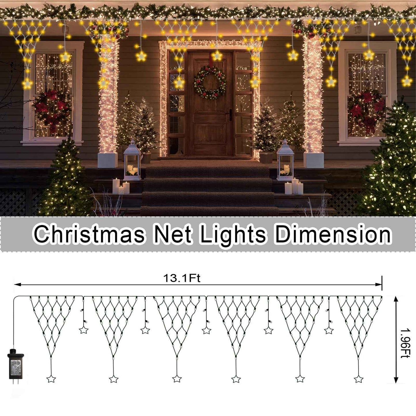 DBFAIRY Christmas Net Lights,196 LED 13.1x1.9Ft Waterproof Outdoor Christmas Lights Net Mesh Light Mains Powered Timer Built in LED Net Light Holiday Decor for Balcony Fence Roof Railing Wall