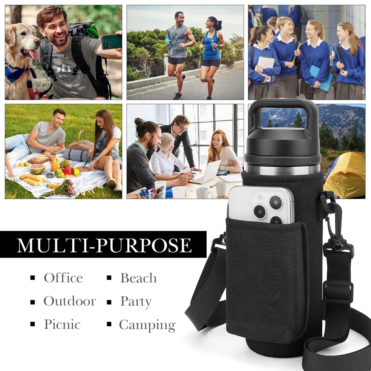 Linkidea Water Bottle Carrier with Strap Compatible with YETI Rambler Bottle 18oz, Yonder 600ml/20oz, Insulated Waterbottle Sling Bag Holder, Shoulder Strap with Phone Pocket (Black)